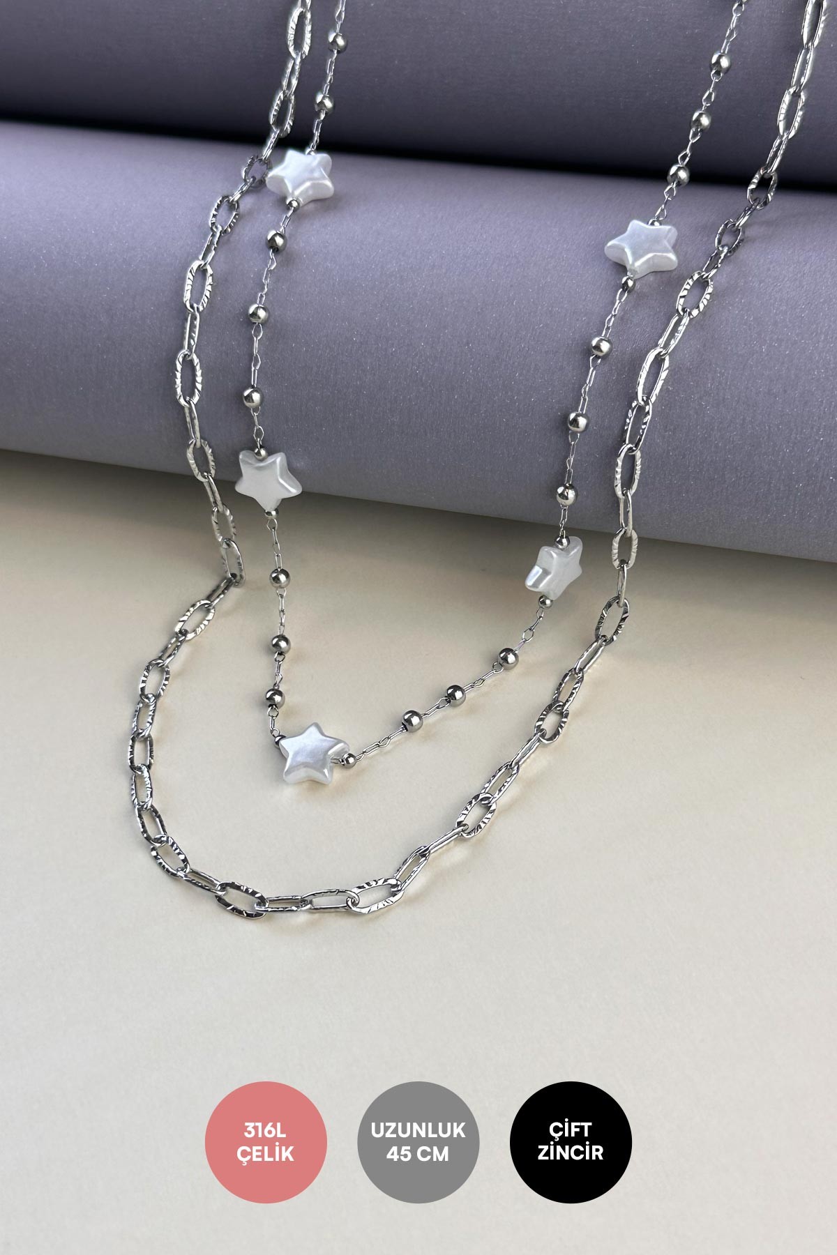 Silver Çiftr Zincir Tasarım İnci Yıldızlar Ve Topçuk Detay Çelik Kolye 45 cm AKL3868