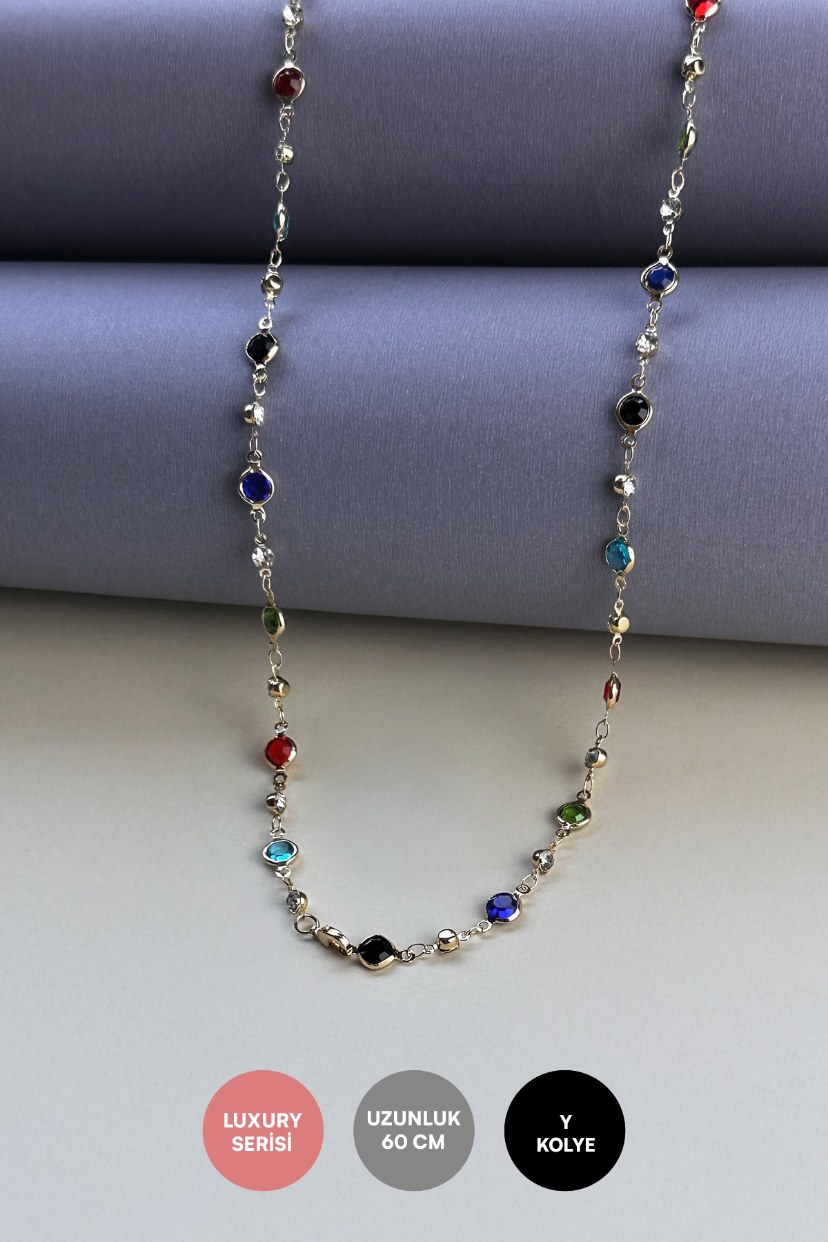 Gold Oval Kesim Renkli Taşlar Sıralı Y Tasarım Luxury Kolye AKL3978