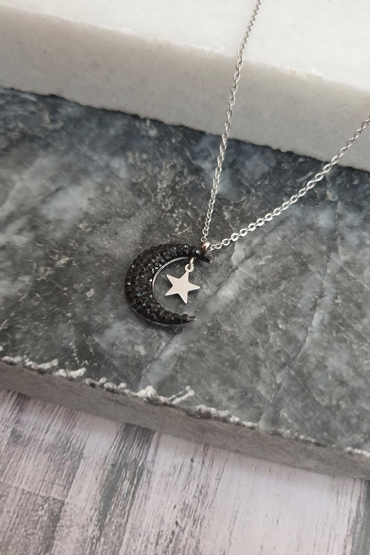 Siyah Taşlı Ay Yıldız Silver Çelik Kolye 45 cm AKL964