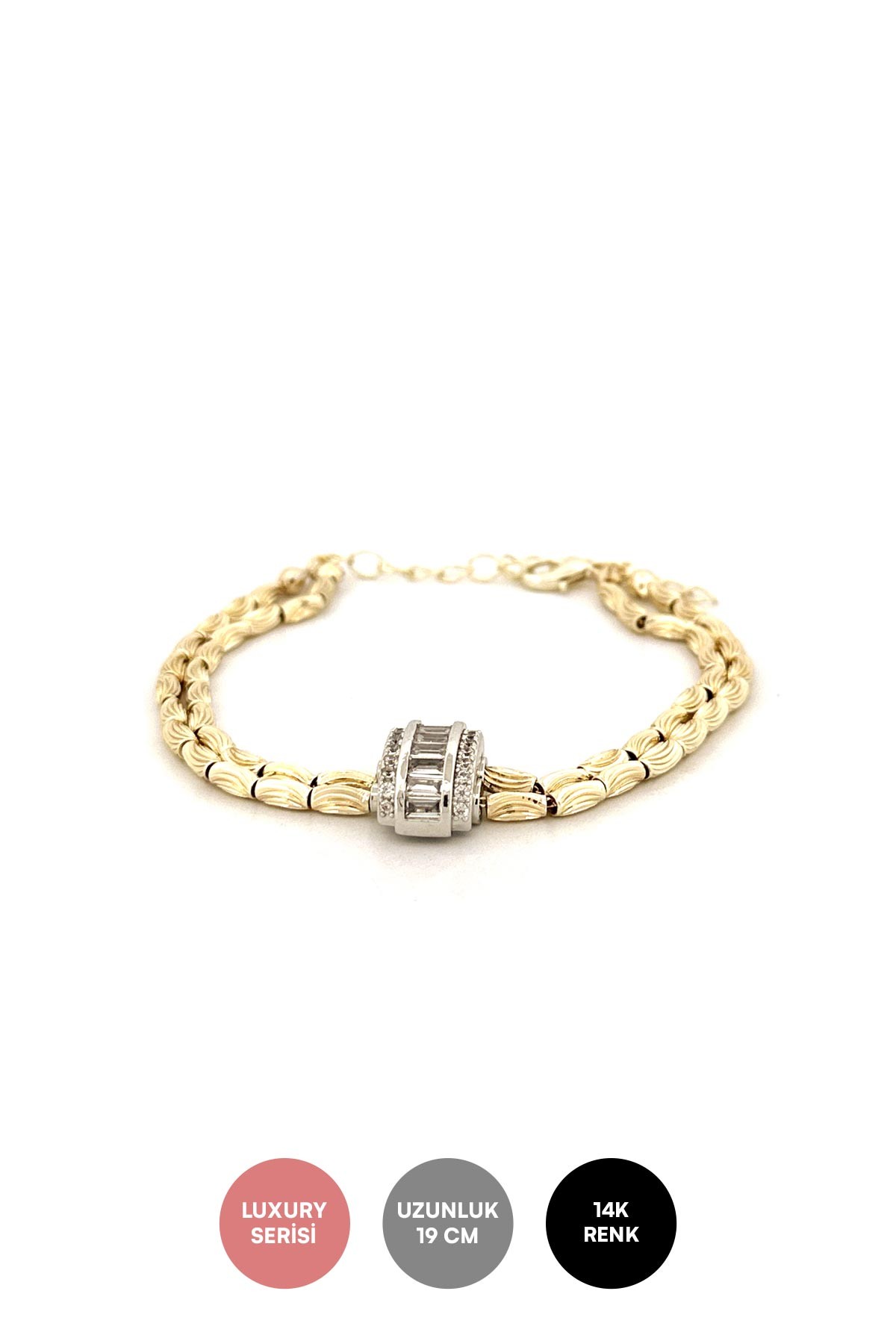 Baget Suyolu Ve Zirkon Sıralı Yarı Silindir Detay Çift Zincir Gold Luxury Bileklik ABL7131