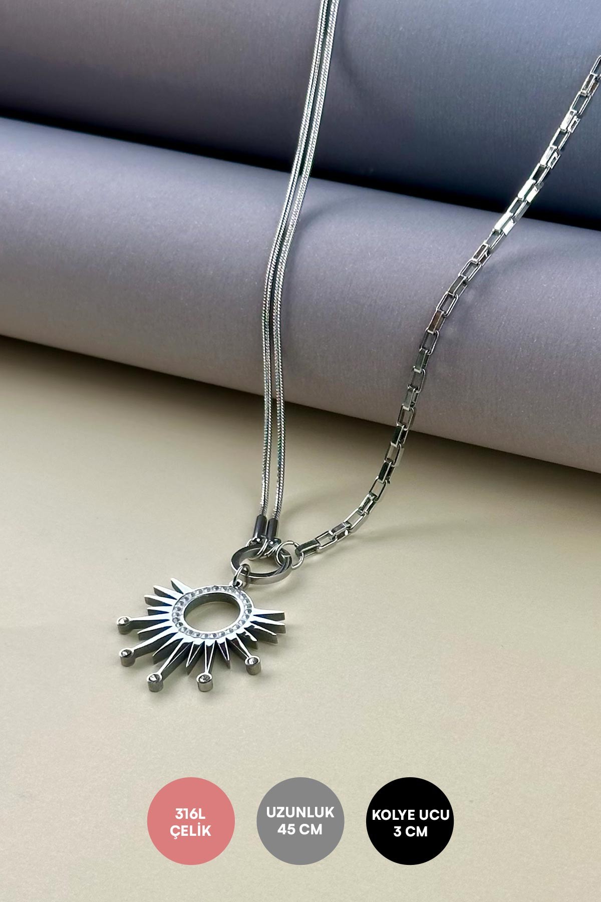 Silver Çift Zincir Zirkon Detay Ve Tektaş Uçlu Güneş Figürü Çelik Kolye 45 cm AKL4052