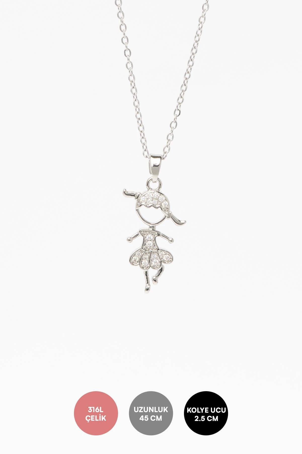 Silver Zirkon Saç Ve Elbise Detaylı Küçük Kız Çocuğu Tasarım 45cm Çelik Kolye AKL4342