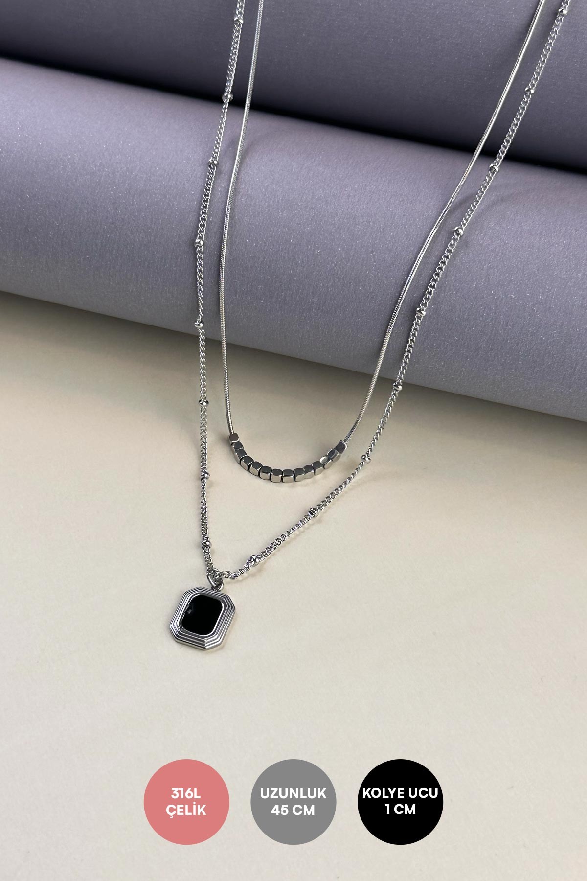 Minimal Silver Küpçük Detay Çift Zincir Siyah Mineli Madalyon Çelik Kolye 45 Cm AKL3735