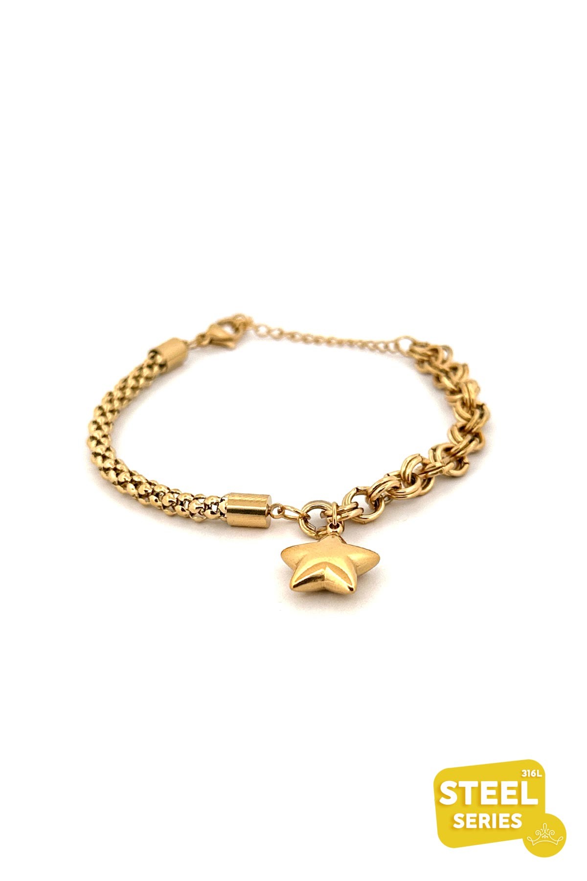 Gold Slim Popcorn Zincir Tasarım Dolgulu Yıldız Sallantılı Çelik Bileklik ABL7045
