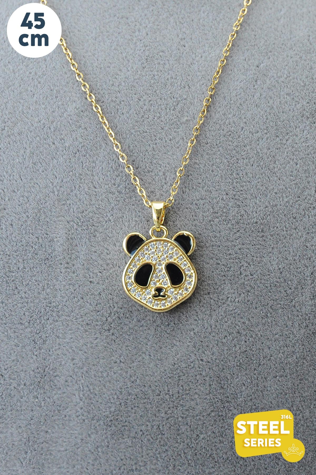 Gold Zirkon Taş Detay Panda Çelik Kolye AKL2493