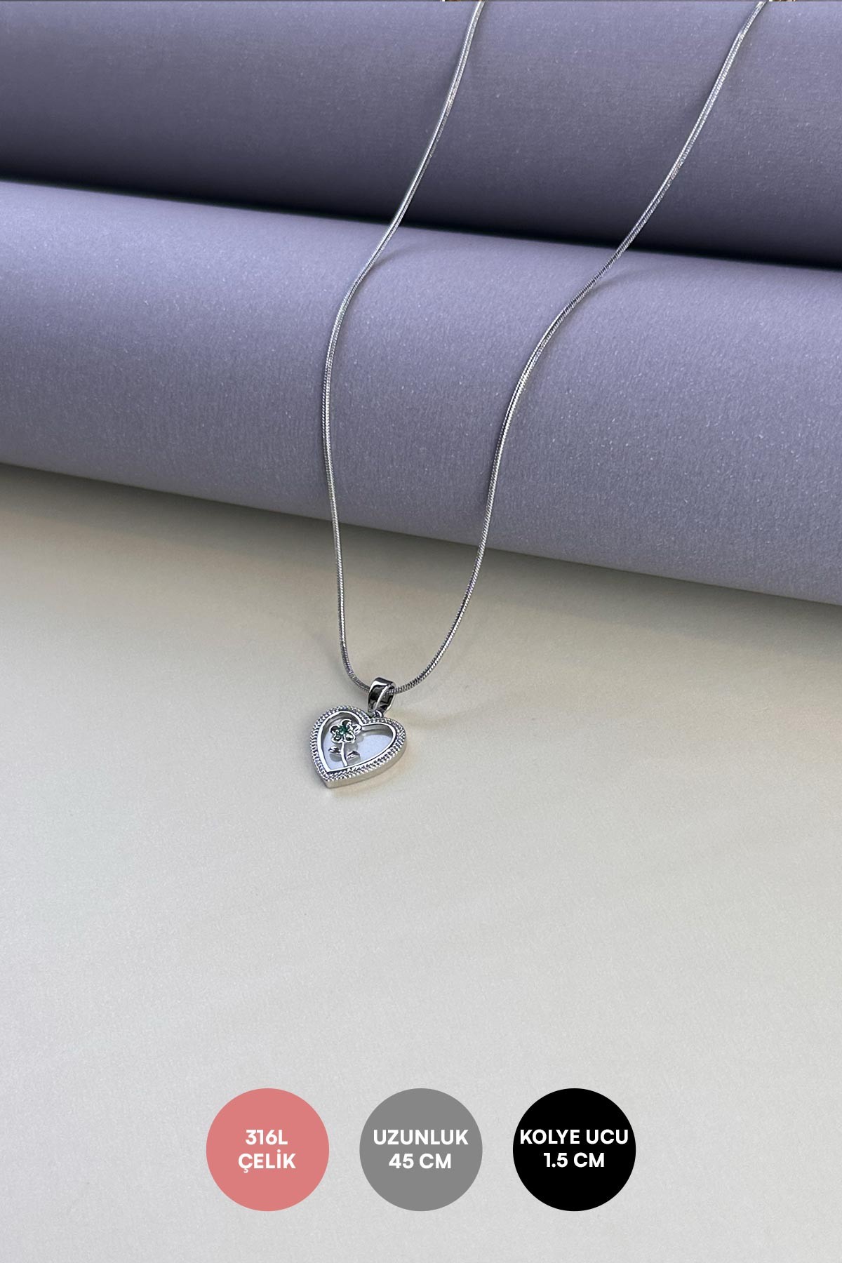 Silver Minimal Boru Zincir Zirkon Detay Çiçekli Kalp Tasarım Çelik Kolye 45 cm AKL3920