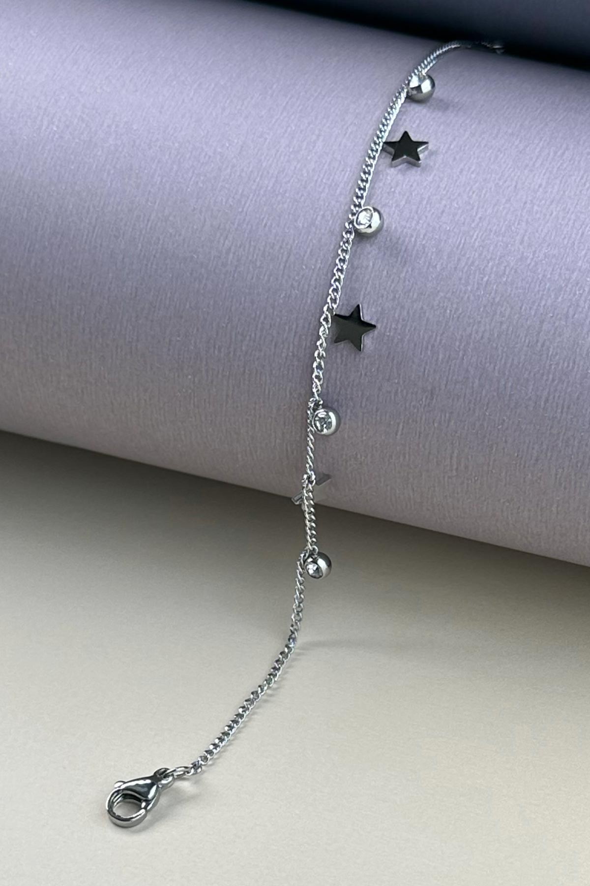 Silver Minimal Topçuk Tekraş Ve Yıldız Sıralı Çelik Bileklik ABL7317