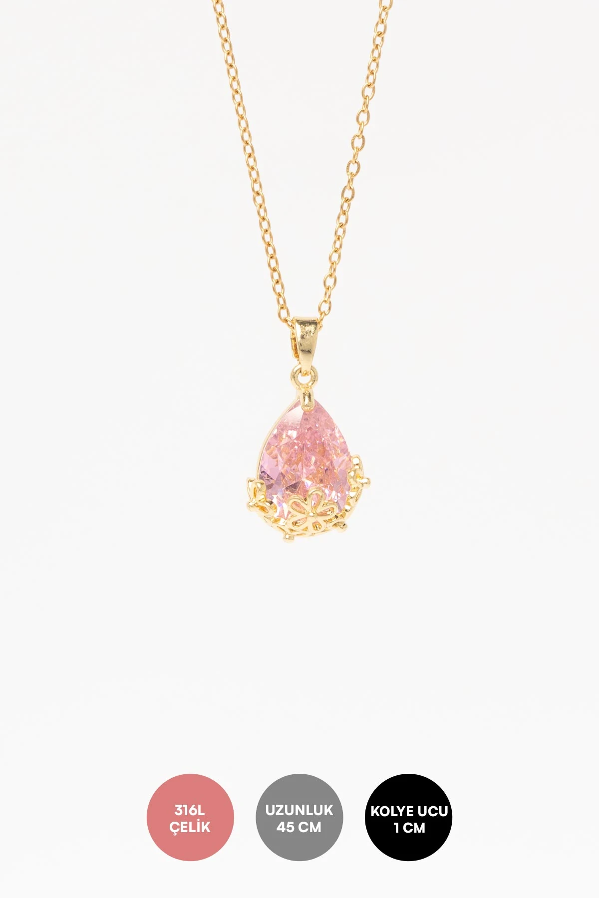 Gold Minimal Zincir Pembe Büyük Damla Taş Sallantılı 45cm Çelik Kolye AKL4372