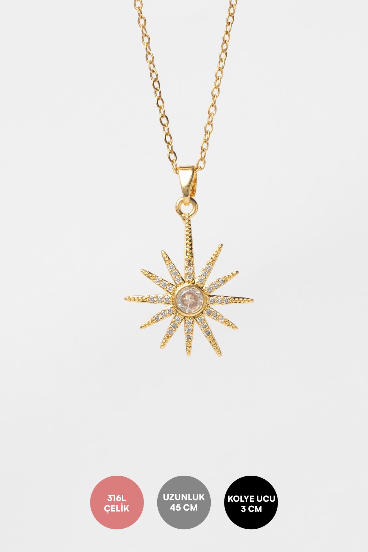 Gold Minimal Zincir Zirkon Detaylı Kuzey Yıldızı Sallantılı 45cm Çelik Kolye AKL4135