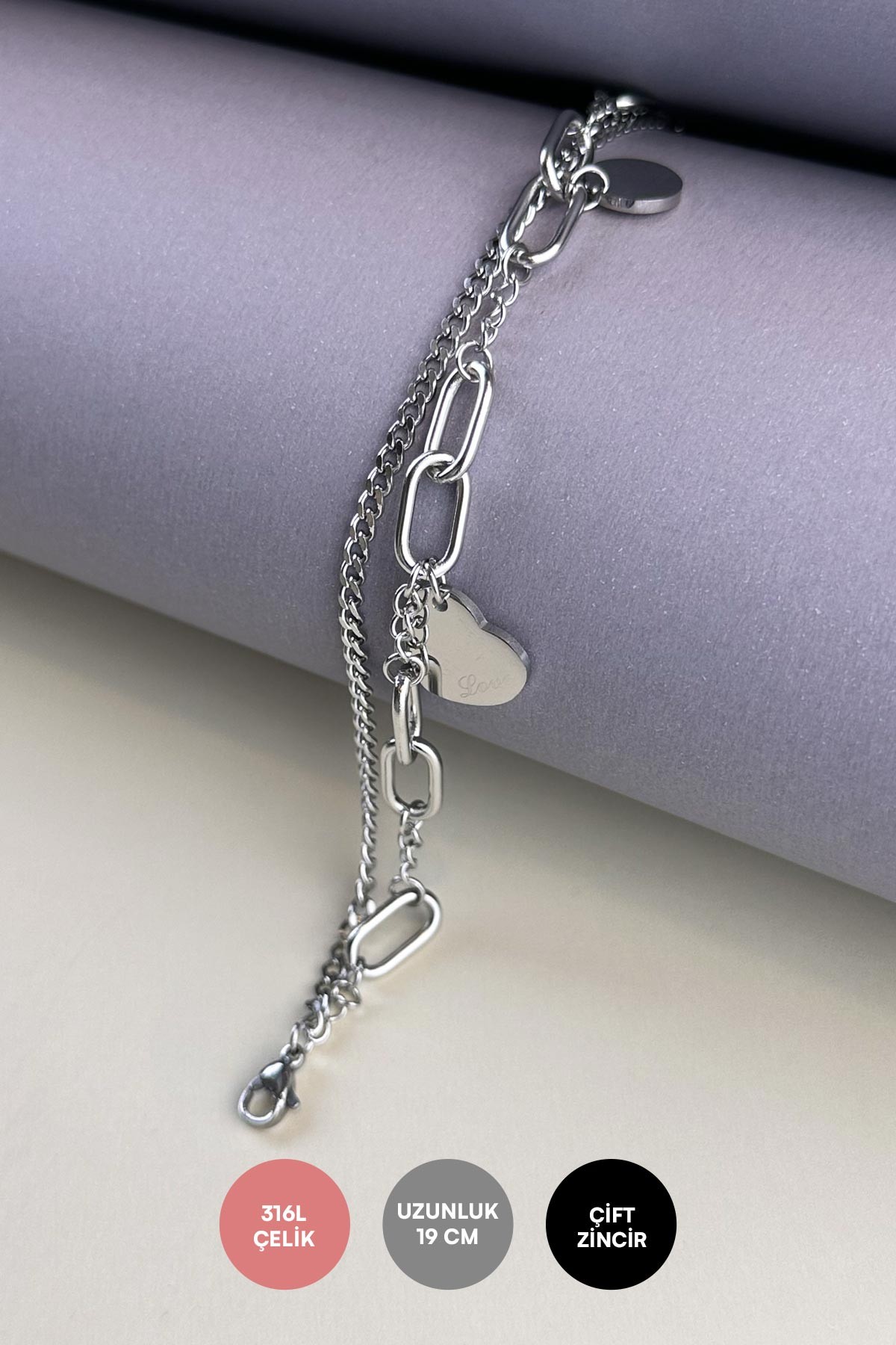 Silver Çift Zincir Pul Ve Love Kalp Sallantılı Çelik Bileklik ABL7048