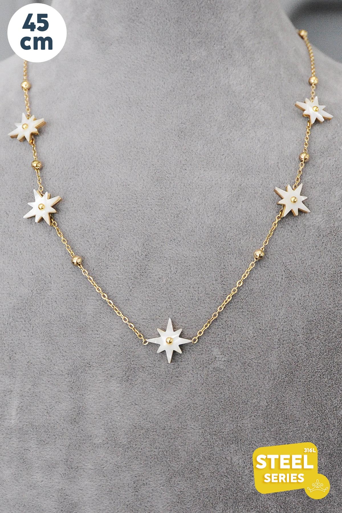 Gold Minimal Topçuk Detay Beyaz Sedefli Kuzey Yıldızları 45 cm Çelik Kolye AKL2802