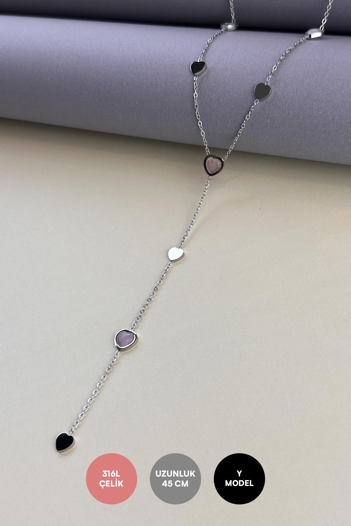 Silver Y Tasarım Pembe Akrilik Tasarım Kalpler Çelik Kolye 45 cm AKL3913