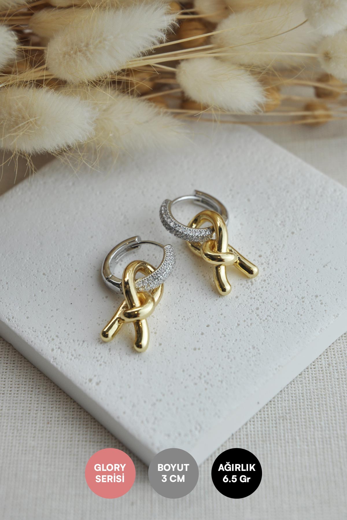 Gold Düğüm Sallantılı Silver Zirkon Halka Tasarım Glory Küpe AKE9030