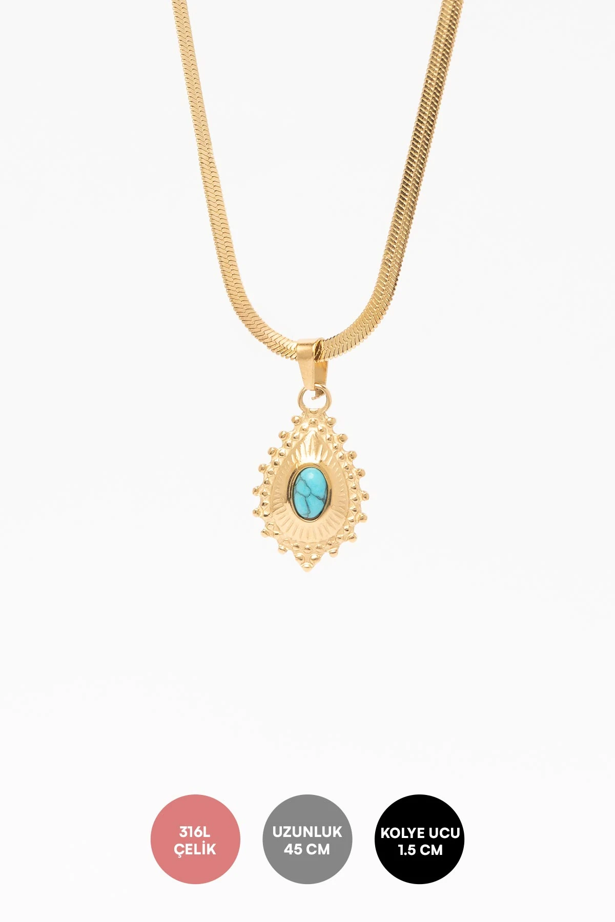 Gold Slim İtalyan Zincir Turkuaz Taş Detay Otantik Uç Sallantılı 45cm Çelik Kolye AKL4371