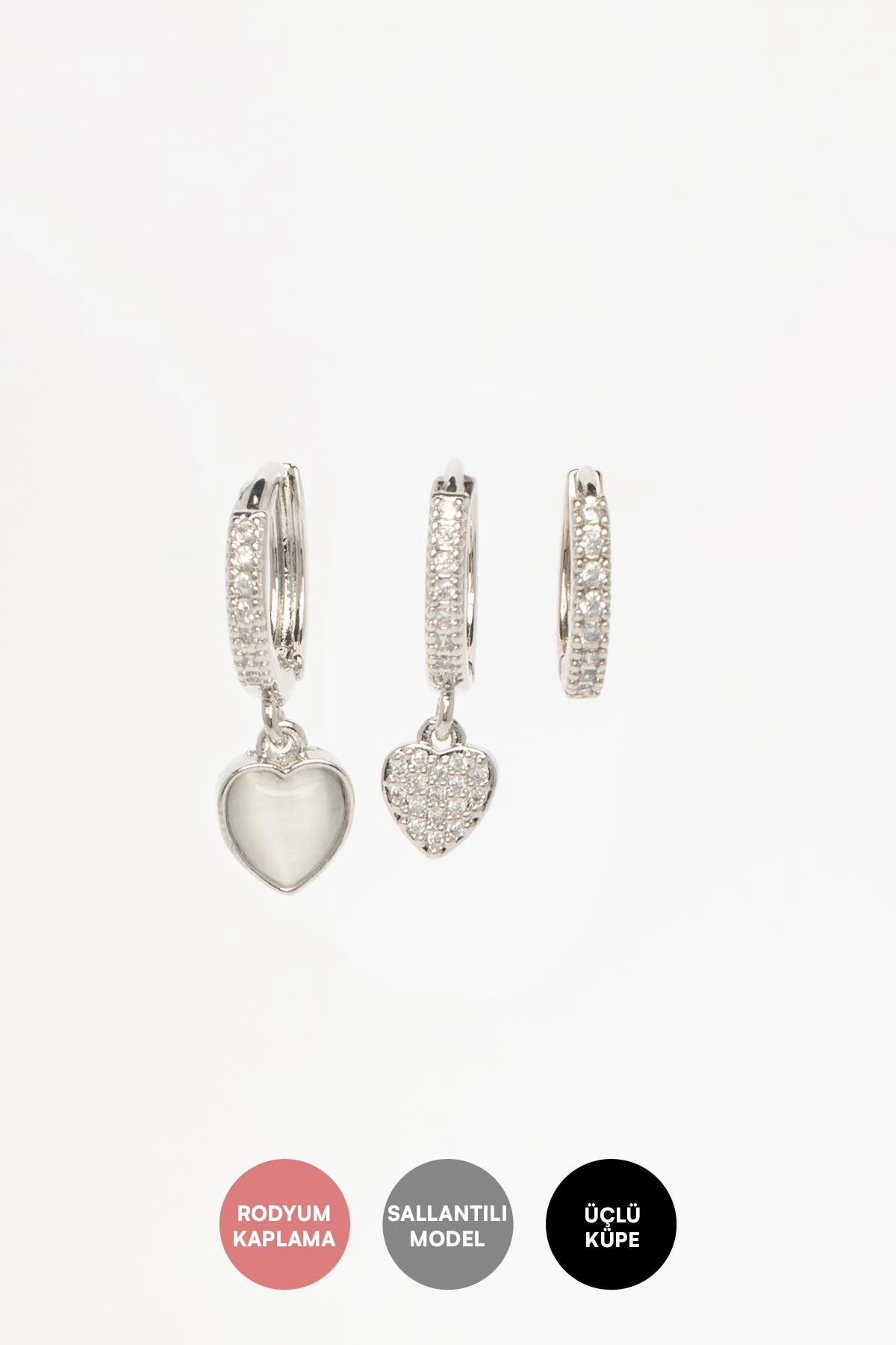 Silver Zirkon Detay Sedefli Ve Taşlı Kalp Sallantılı Çoklu Glory Küpe AKE9438