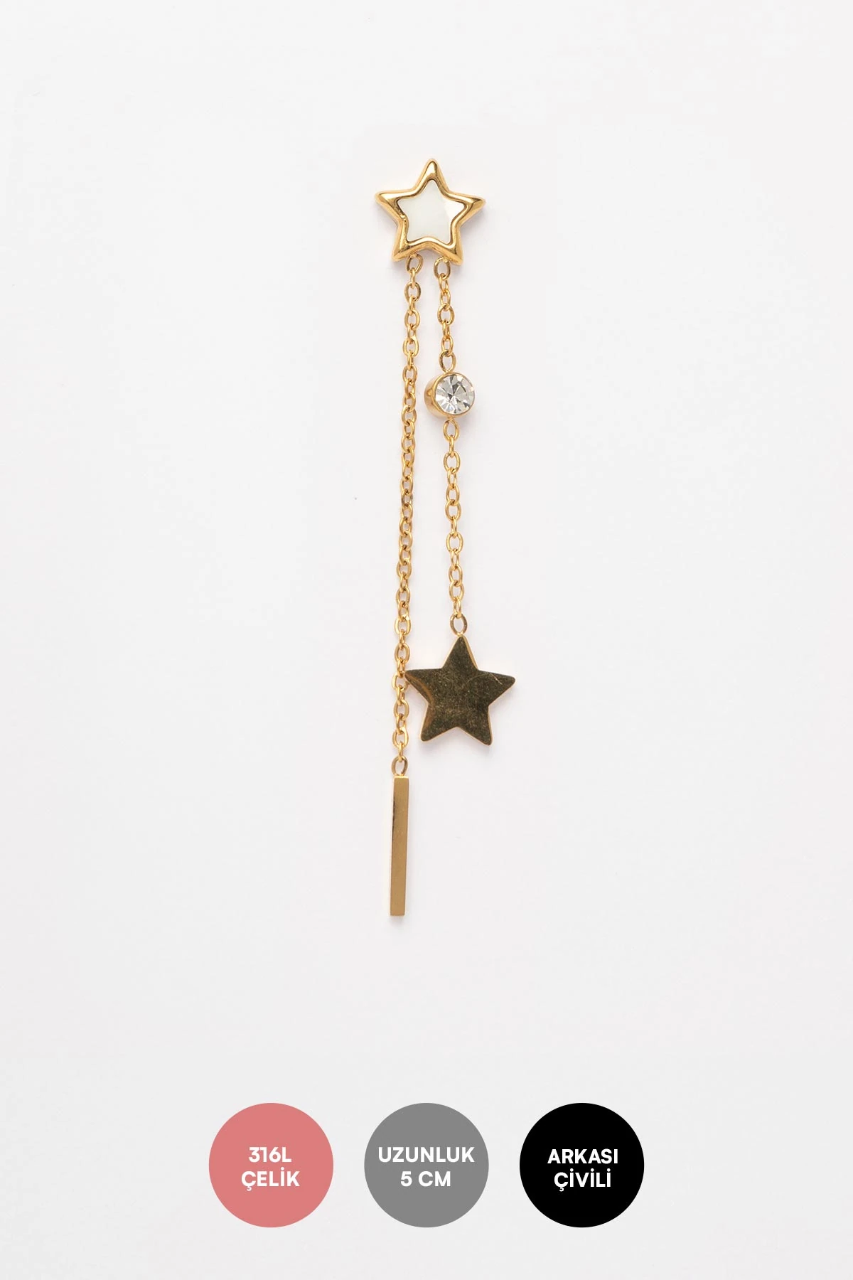 Gold Sedef Detay Yıldız Minimal Zincir Ucunda Sallantılı Yıldız Figürlü Çelik Küpe AKE9554