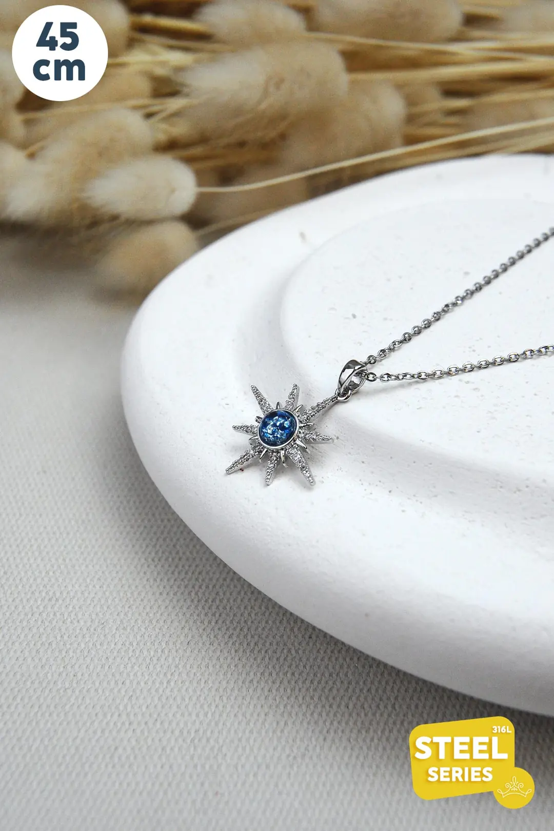 Silver Zirkon Taş Detay Ortası Mavi Kuzey Yıldızı Çelik Kolye AKL2502
