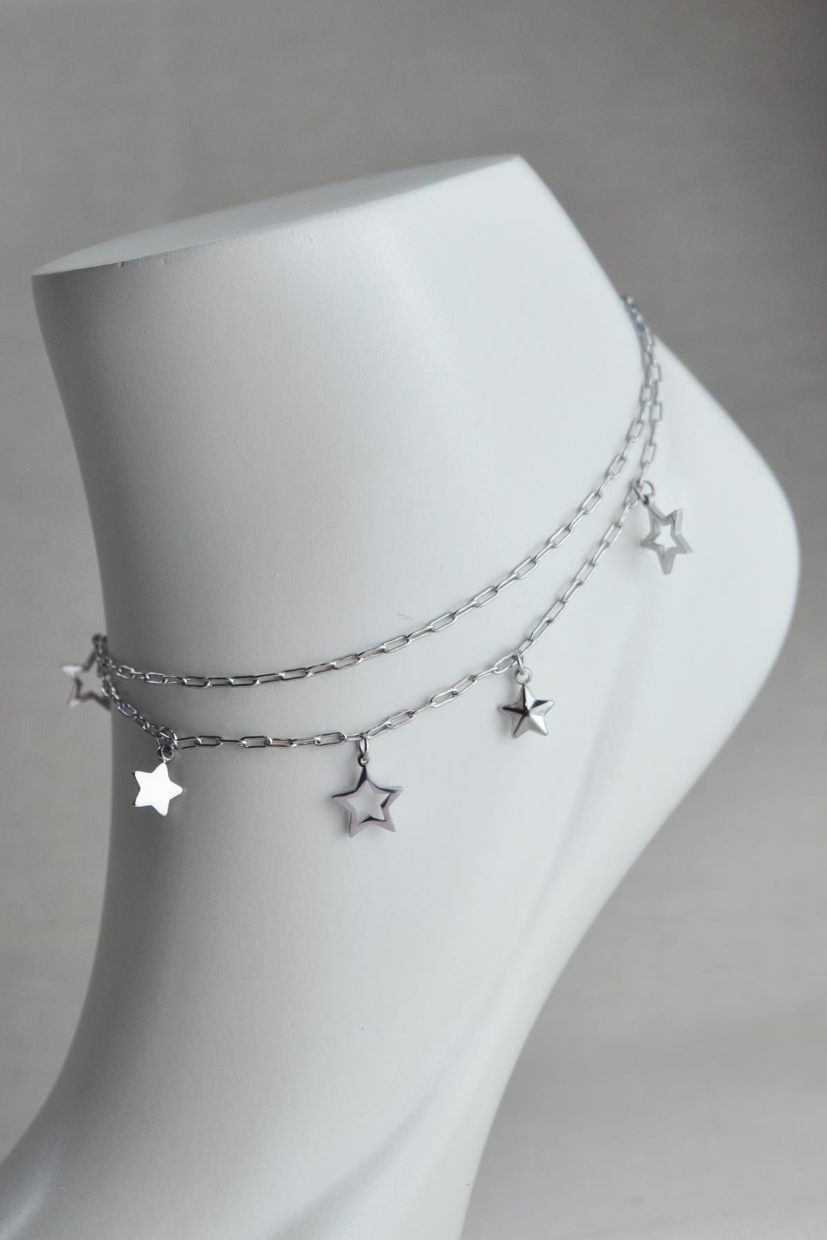 Silver Çift Zincir Tasarım Yıldızlar Sallantılı Çelik Halhal AHL1370