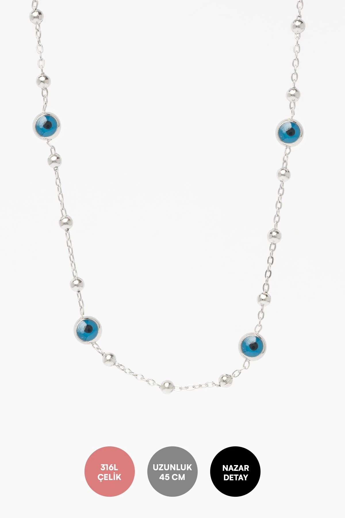 Silver Topçuklu Nazarlık Çelik Kolye 45 Cm AKL1910