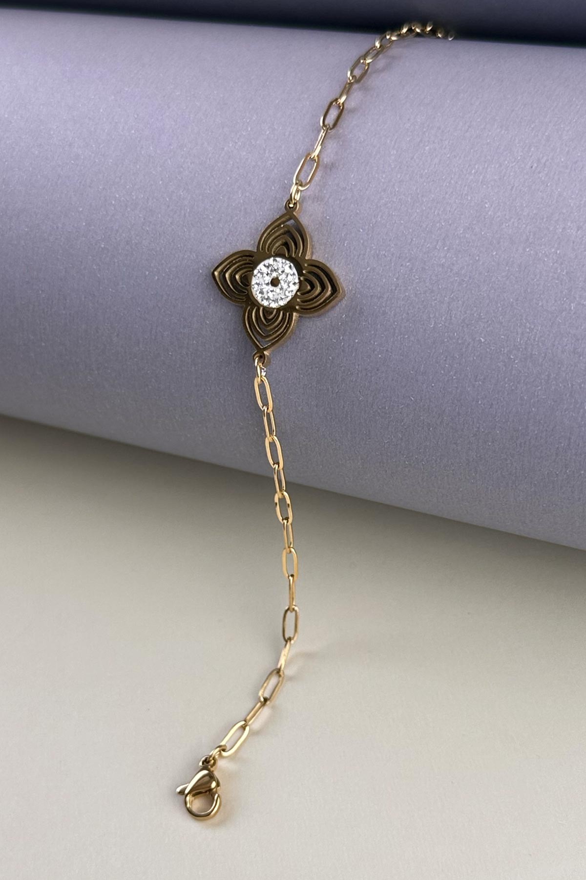 Gold Zirkon Tasarım Lotus Çiçeği Çelik Bileklik ABL6306
