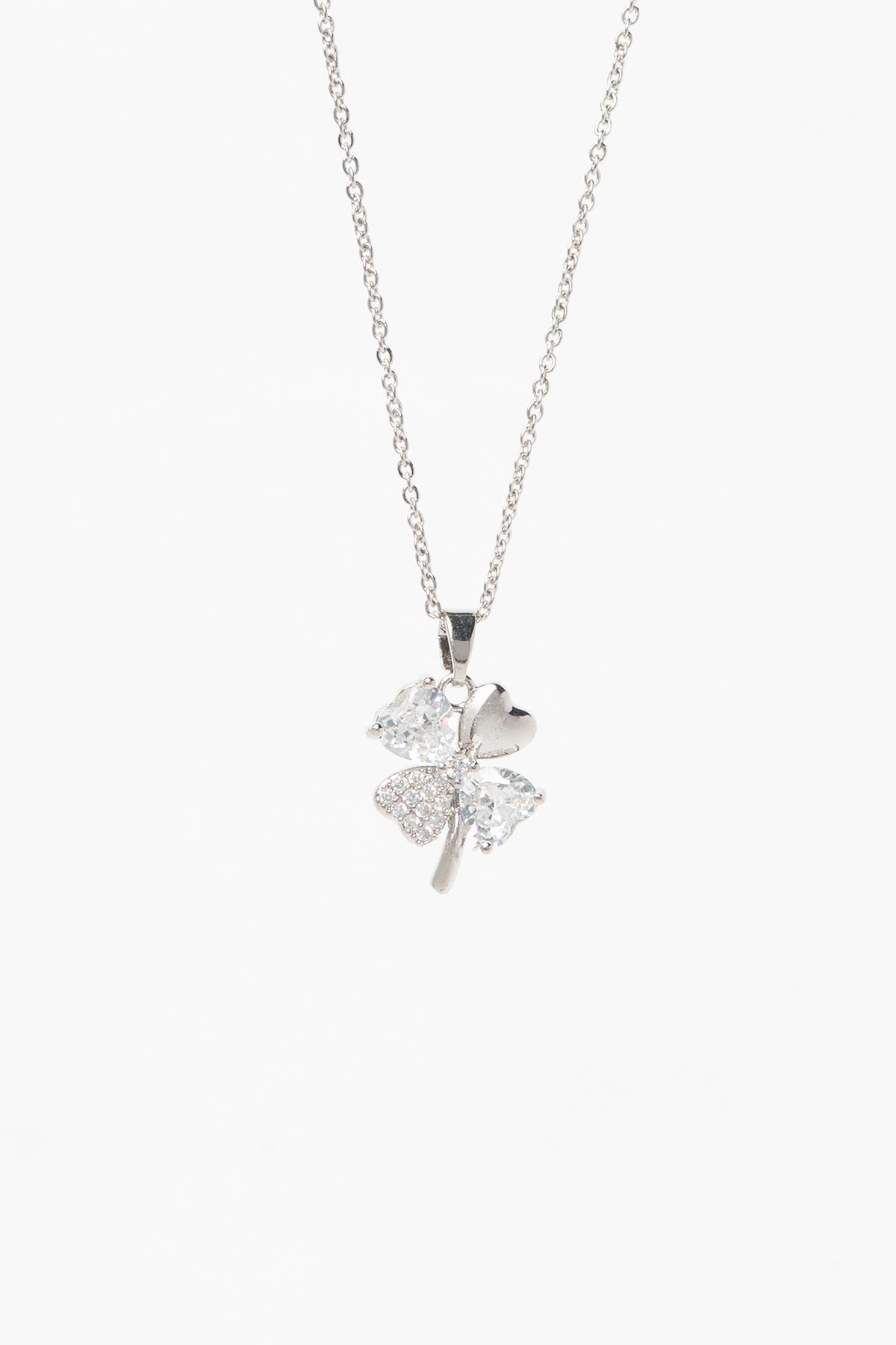Silver Minimal Zincir Zirkon Ve Kalp Tektaş Tasarım Yonca Çelik Kolye 45 cm AKL4067