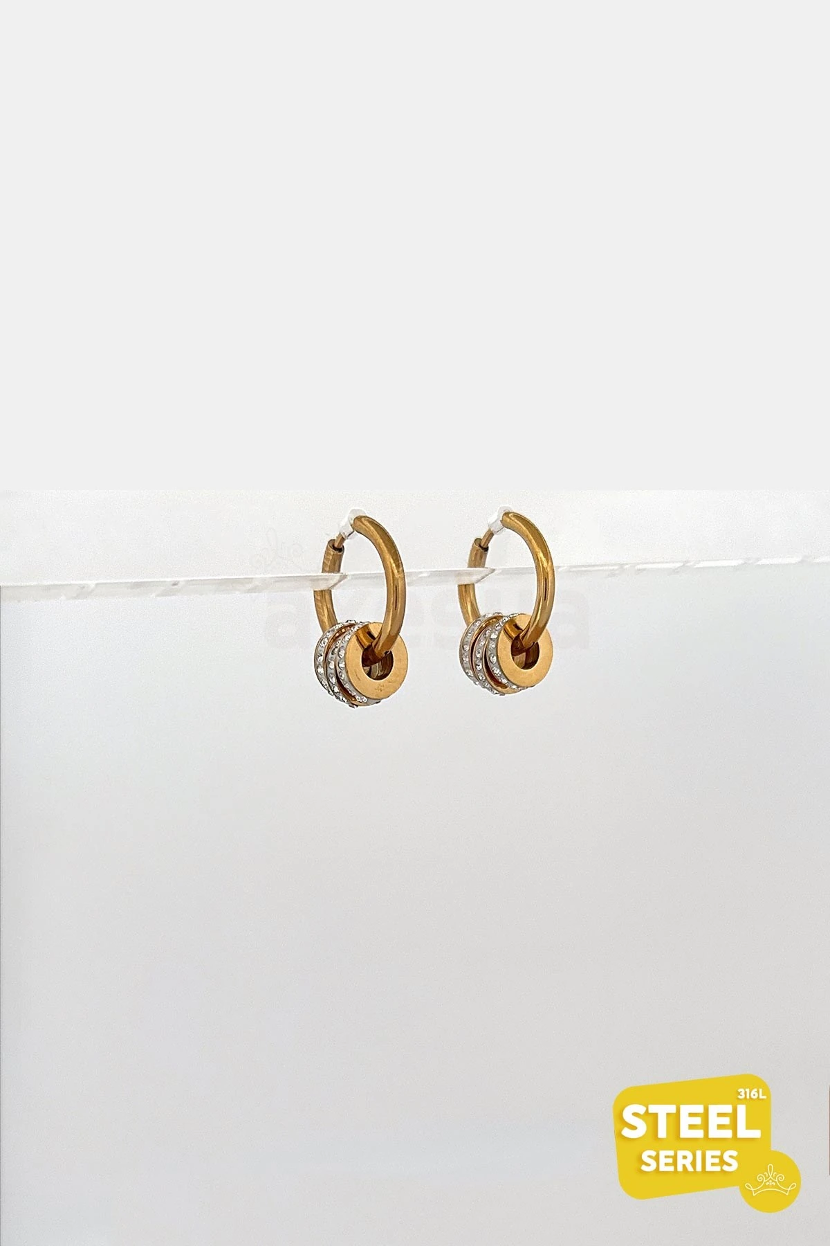 Zirkon Silindir Sallantılı Gold Halka Çelik Küpe AKE4795