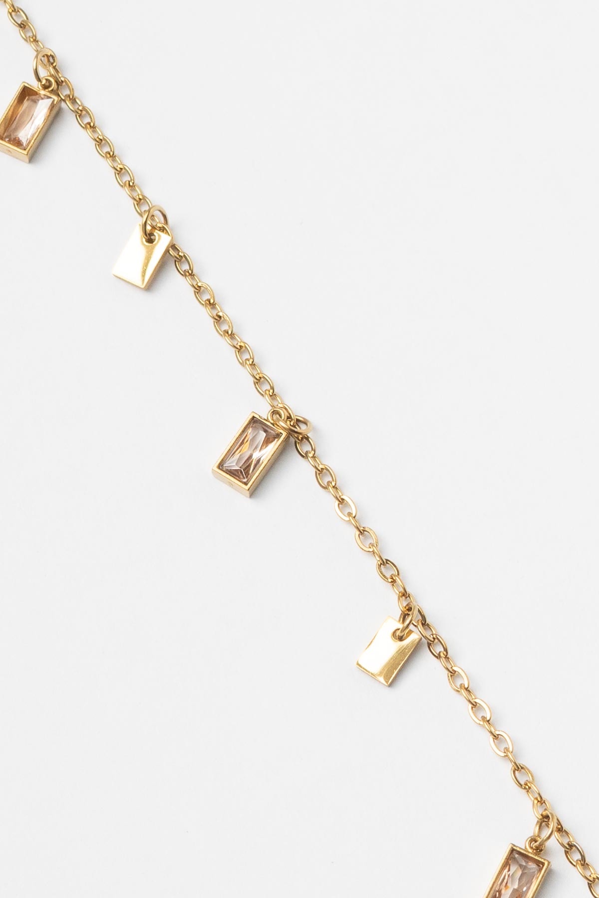 Gold Minimal Zincir Pembe Kare Kristal Taş Sıralı Çelik Bileklik ABL7496