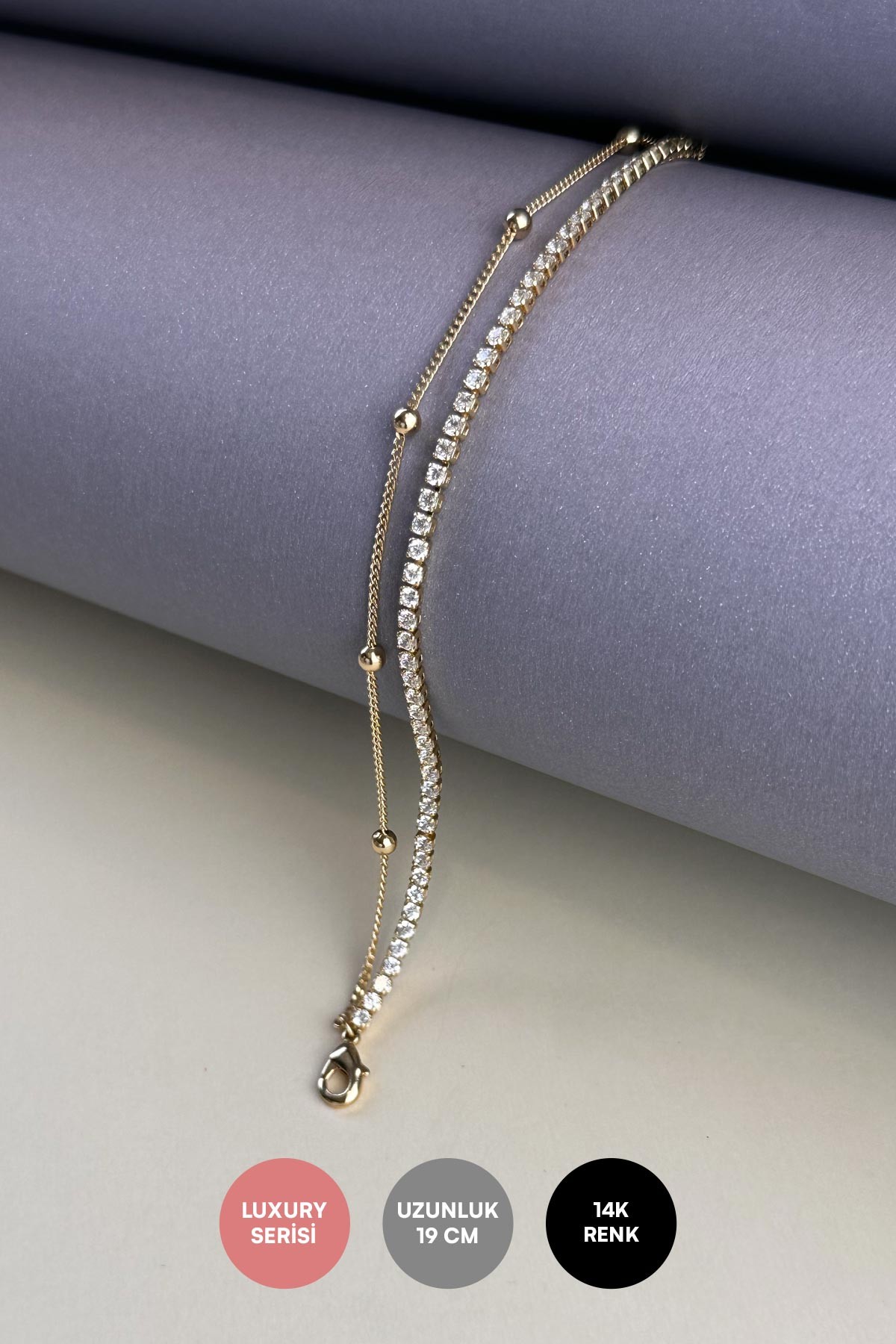 Gold Topçuk Detay Çift Zincir Tasarım Suyolu Luxury Bileklik ABL7156