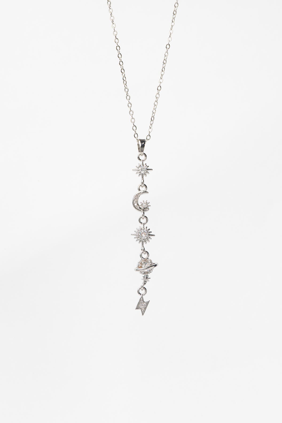 Silver Minimal Zincir Zirkon Detaylı Ay Kuzey Yıldızı Ve Gezegen Sallantılı 45cm Çelik Kolye AKL4146