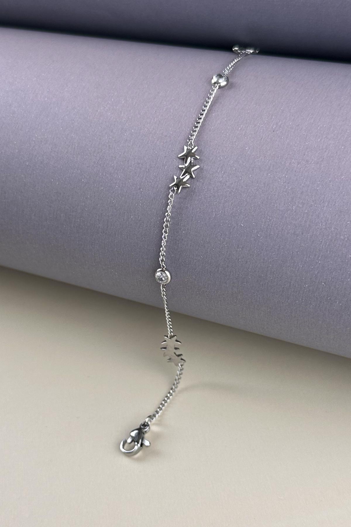 Silver Üçlü Yıldızlar Ve Tektaş Çelik Bileklik ABL7218
