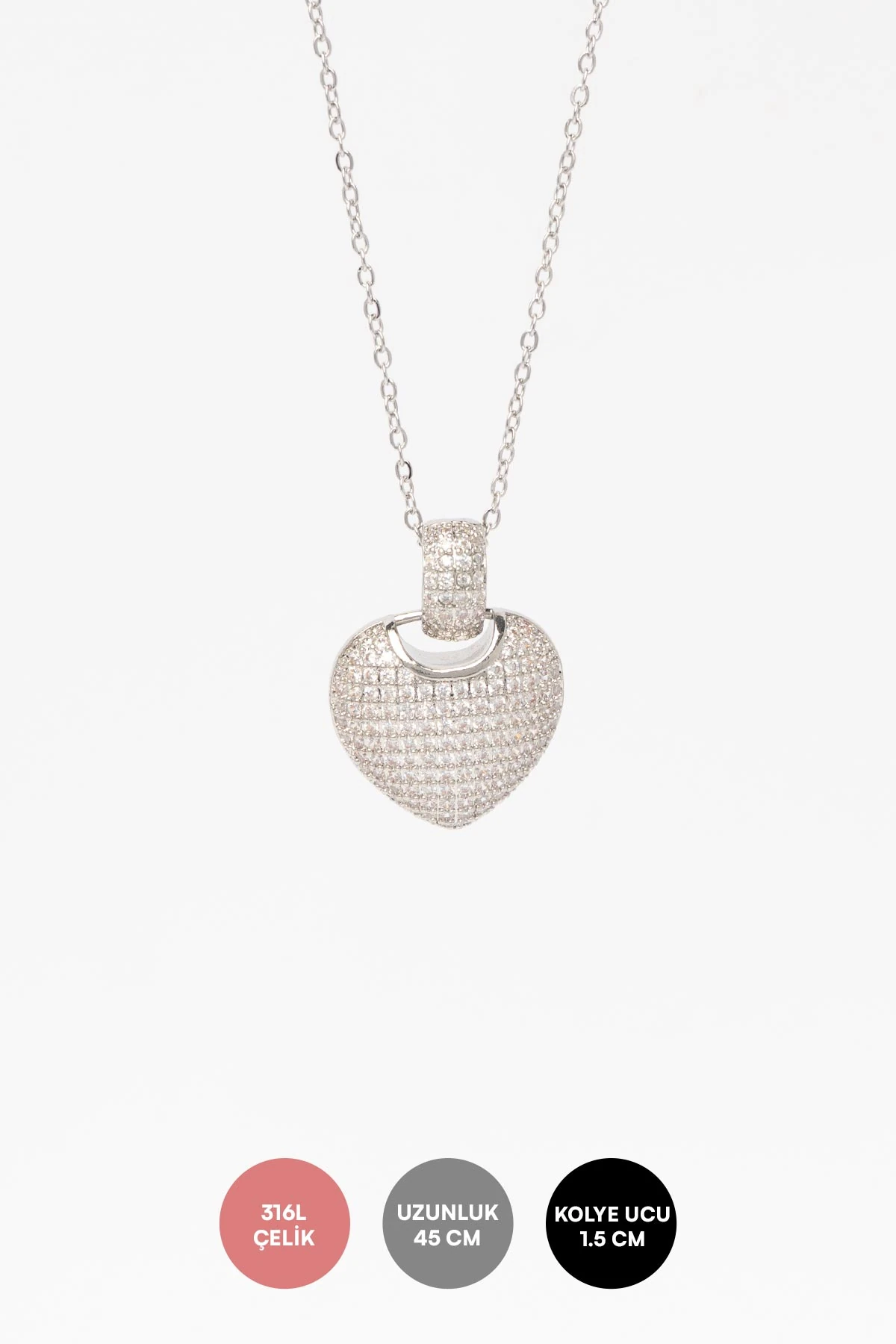 Silver Zirkon Kaplı Dolgulu Büyük Kalp Sallantılı 45cm Çelik Kolye AKL4329