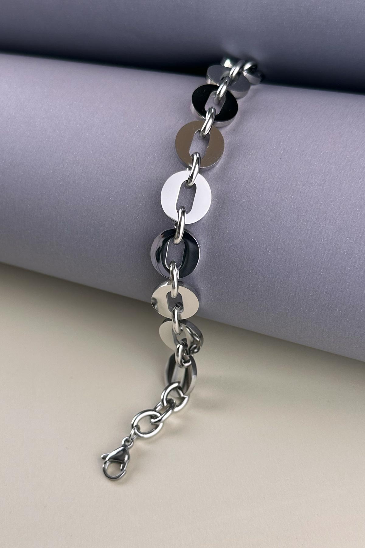 Silver Kalın Dolgulu Oval Zincir Çelik Bileklik ABL7209