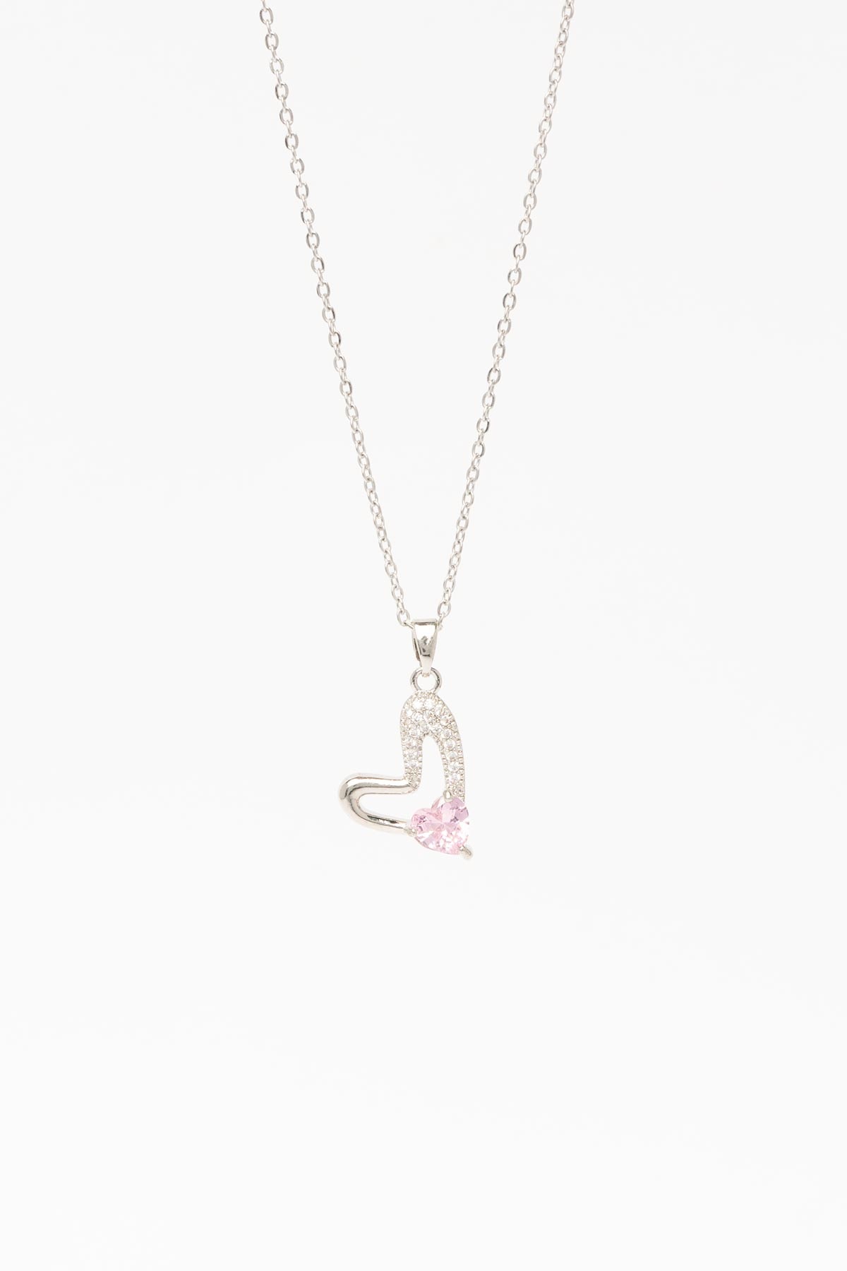 Silver Zirkon Kenar Pembe Kristal Kalp Taş Sallantılı 45cm Çelik Kolye AKL4359