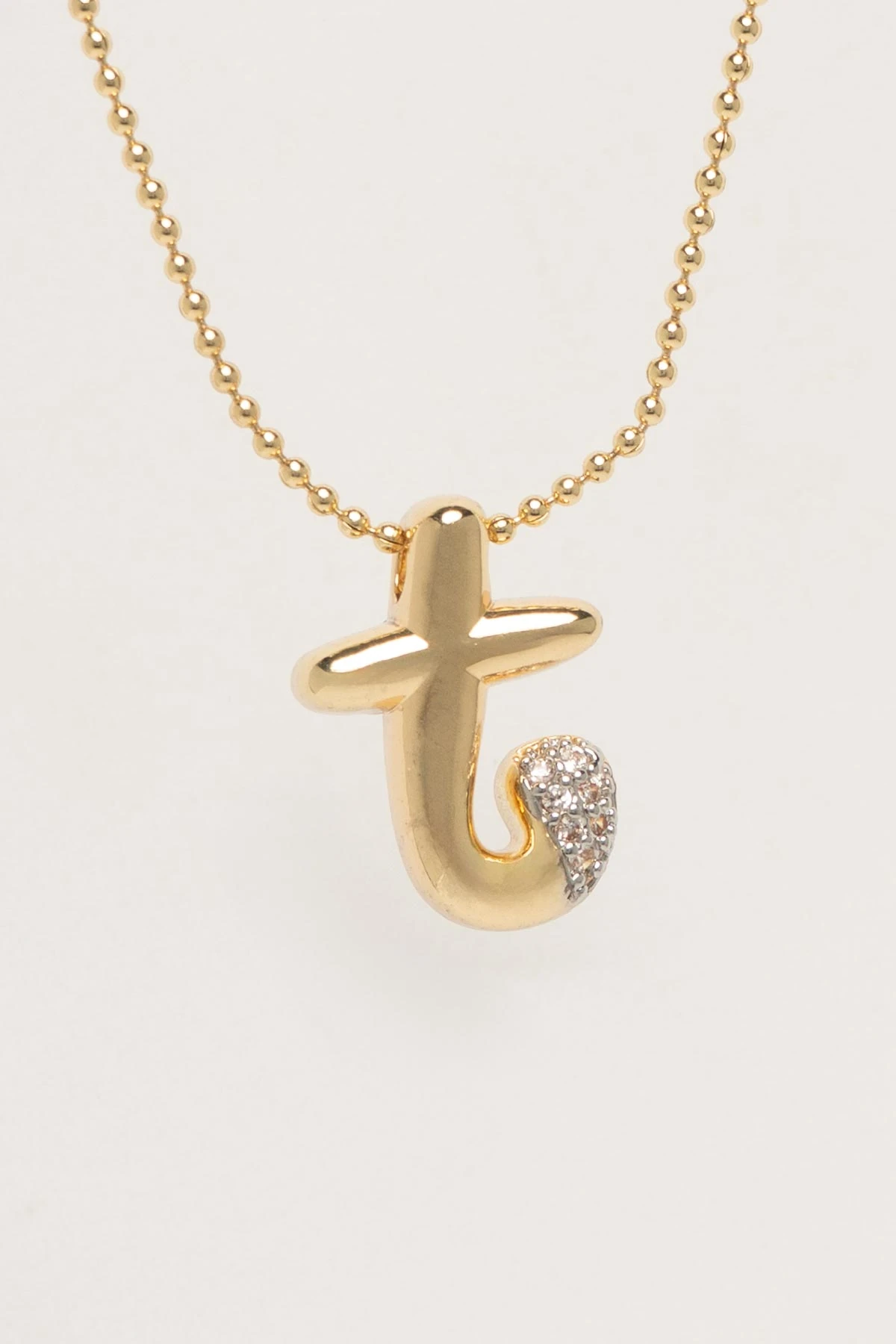 Gold Minimal Topçuk Zincir Zirkon Detay T Harf 45cm Luxury Kolye AKL4445