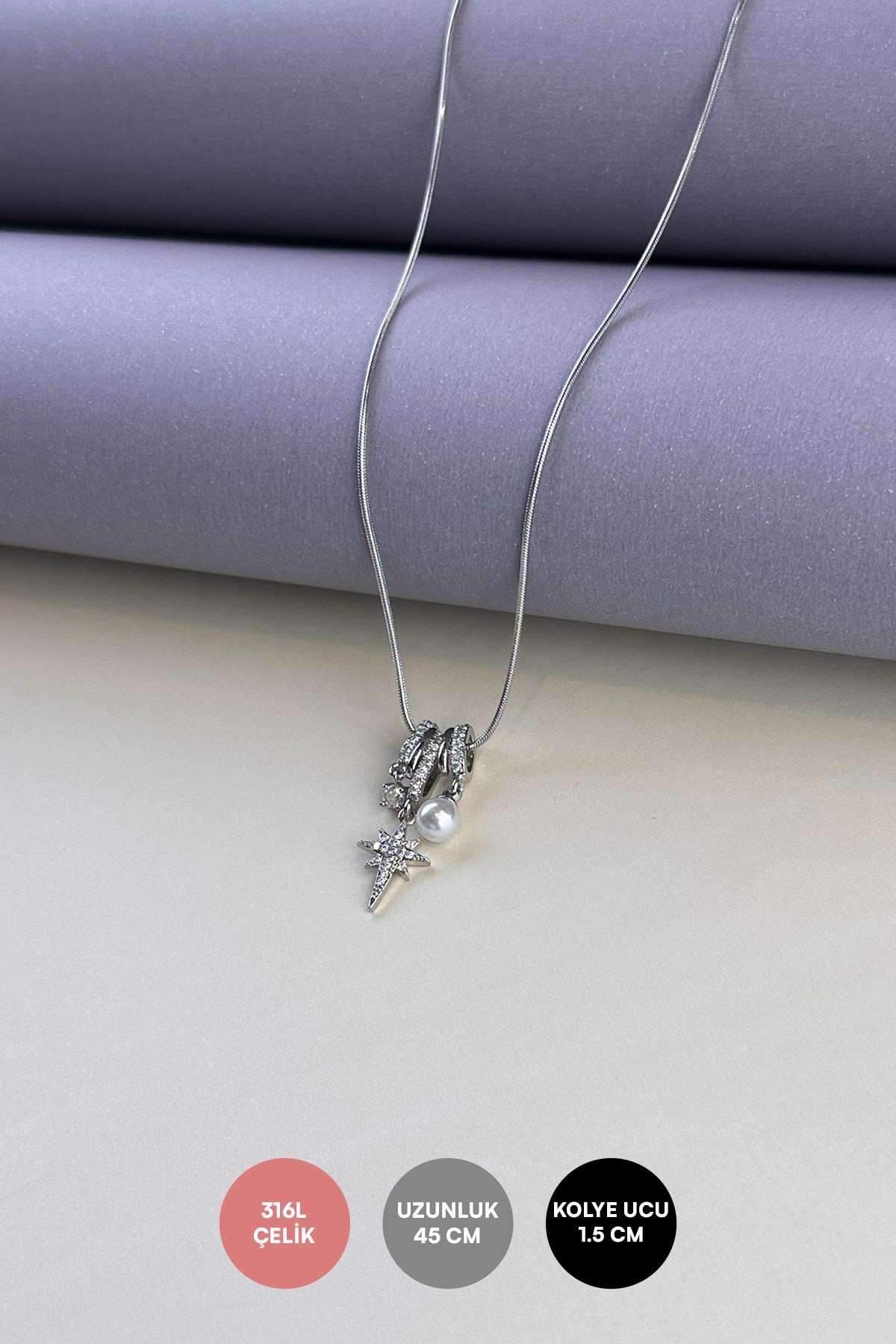 Silver Minimal Zincir İnci Tektaş Ve Zirkon Kuzey Yıldızı Sallantılı Çelik Kolye 45 Cm AKL3683