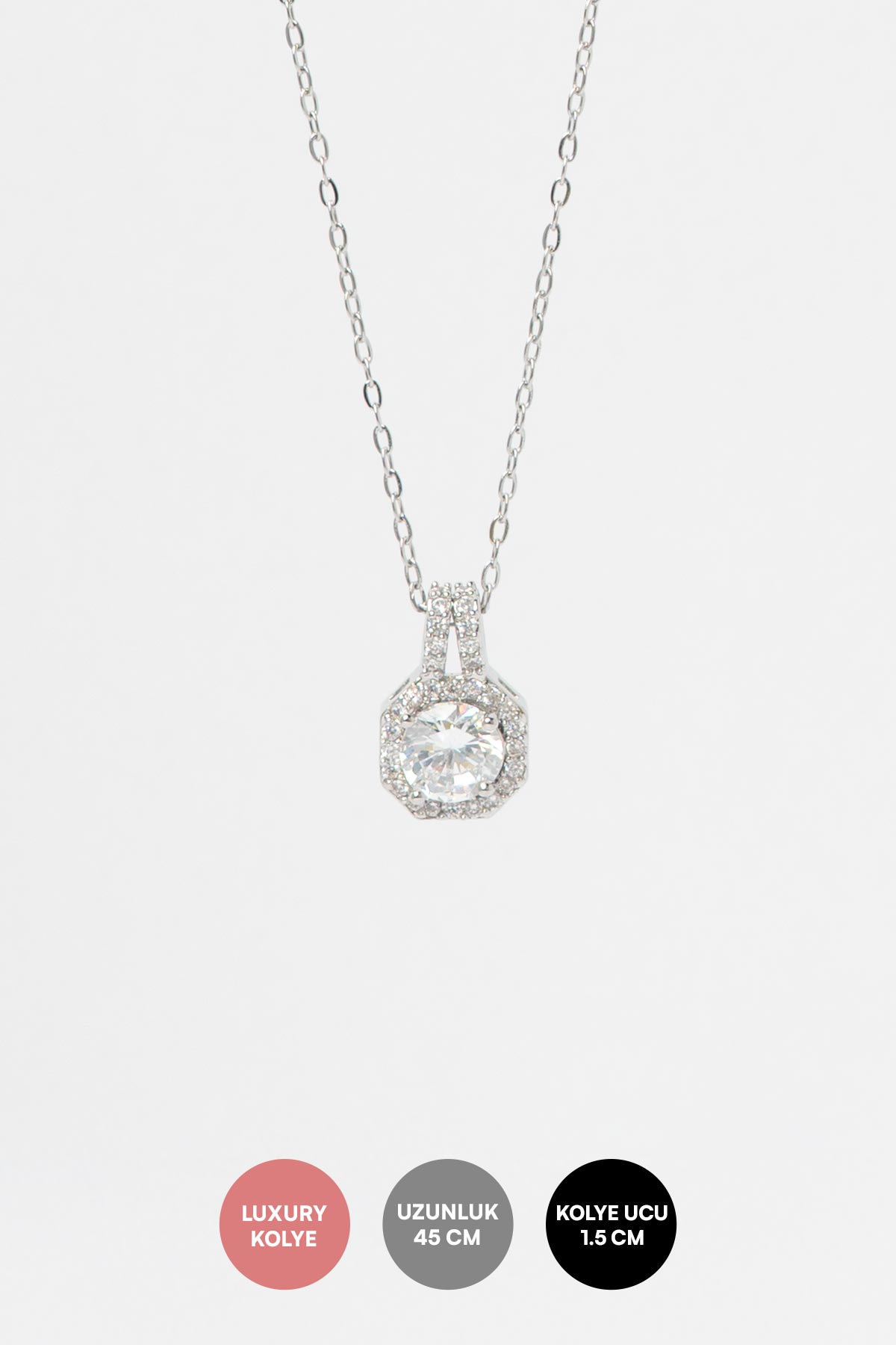 Silver Zirkon Detay Çerçeveli Tektaş Sallantılı Luxury Kolye AKL4244