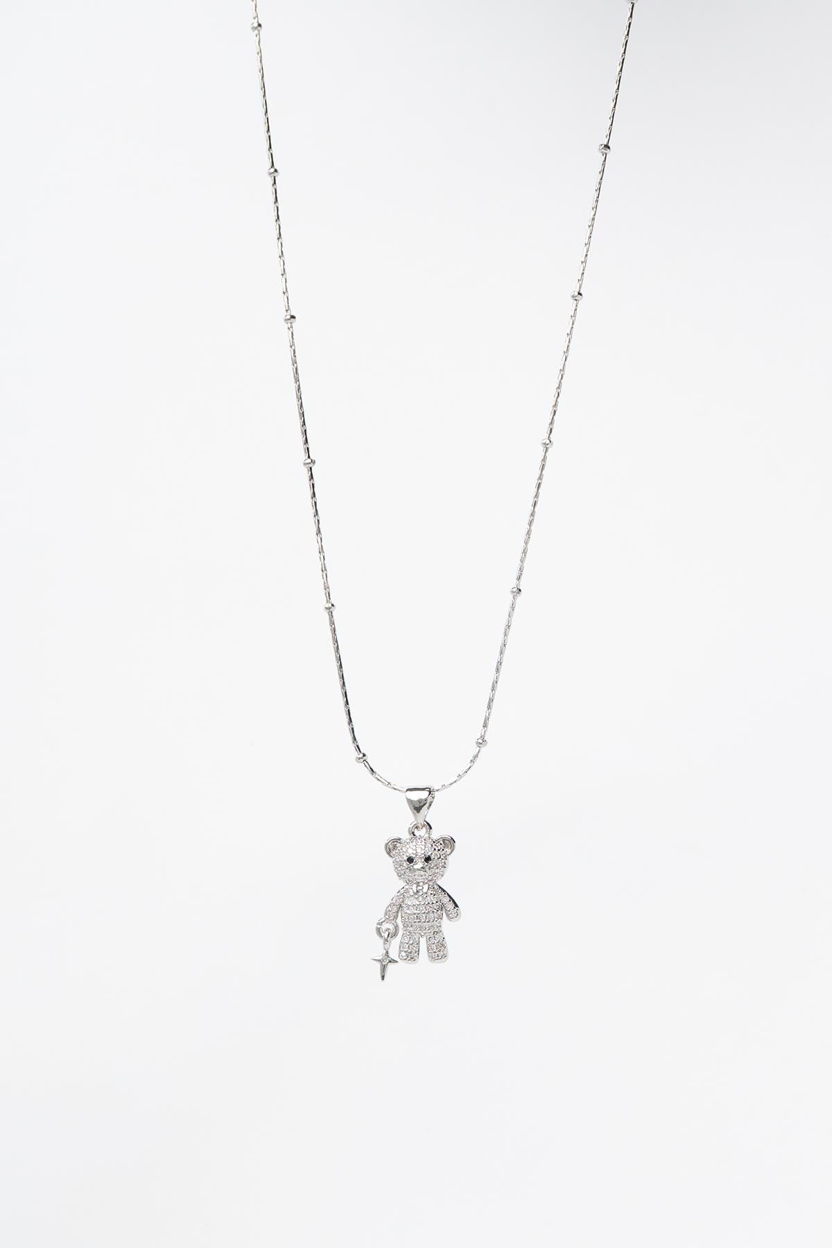 Silver Minimal Topçuk Sıralı Zincir Zirkon Kaplı Ayıcık Sallantılı 45cm Çelik Kolye AKL4193