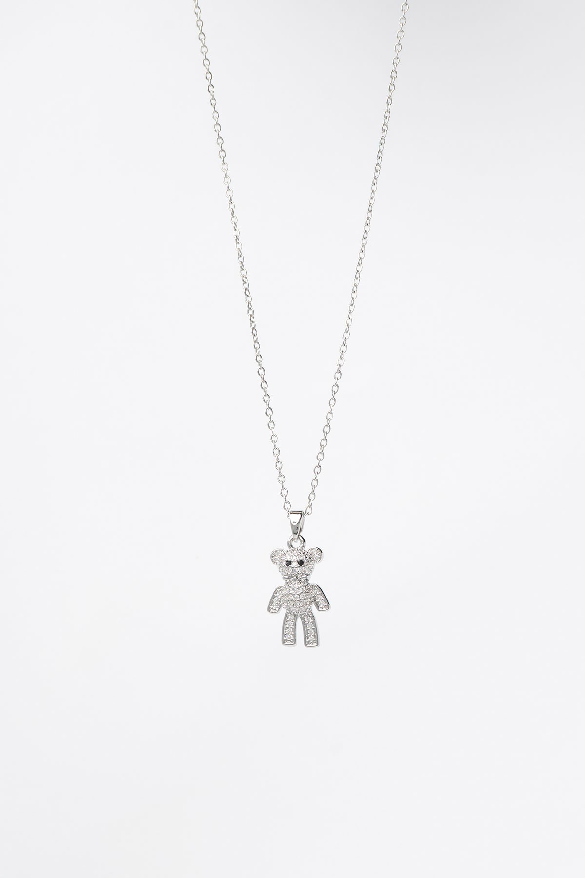 Silver Minimal Zincir Zirkon Kaplı Ayıcık Sallantılı 45cm Çelik Kolye AKL4192