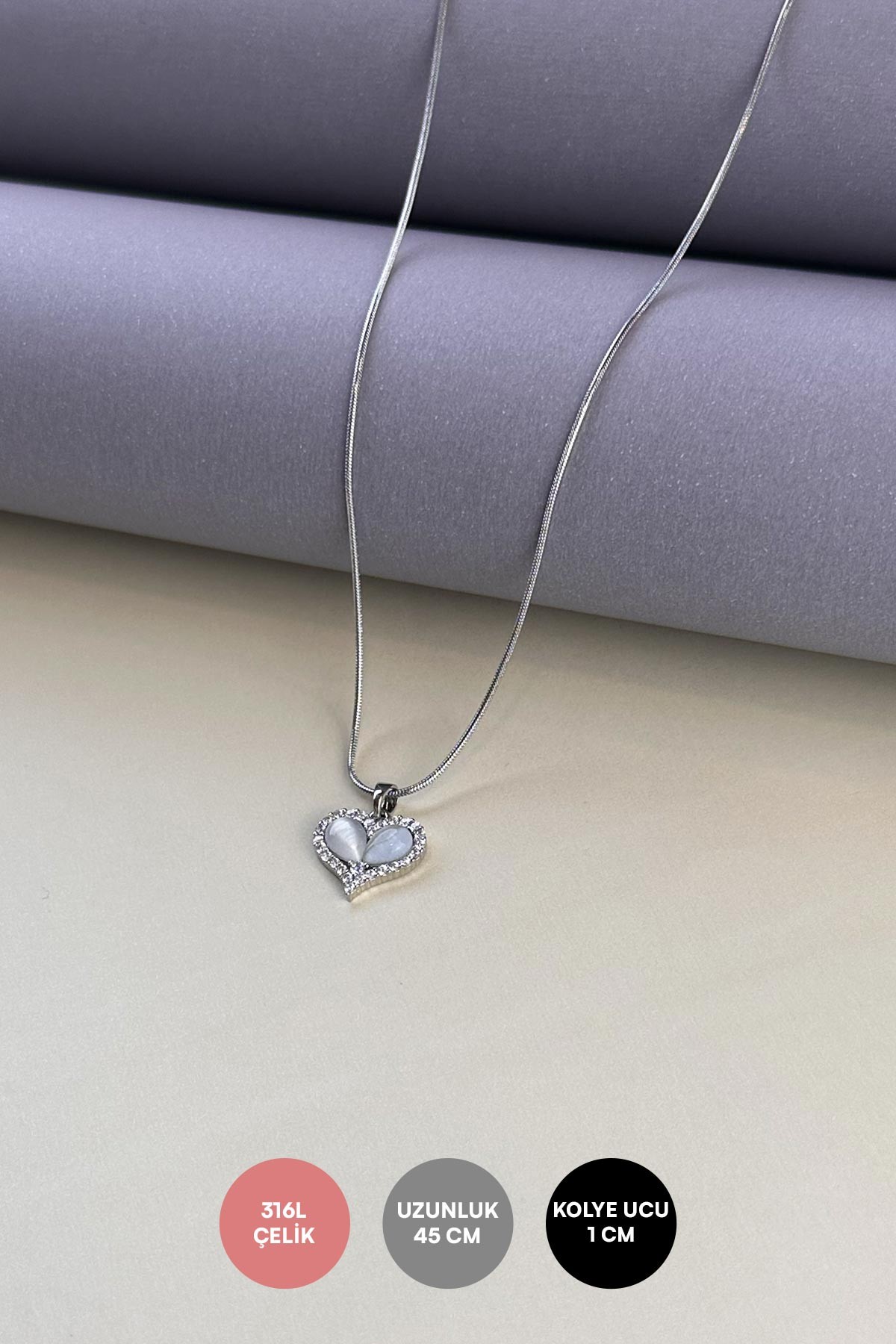 Silver Minimal Boru Zincir Beyaz Akrilik Detay Zirkon Kalp Tasarım Çelik Kolye 45 cm AKL3921