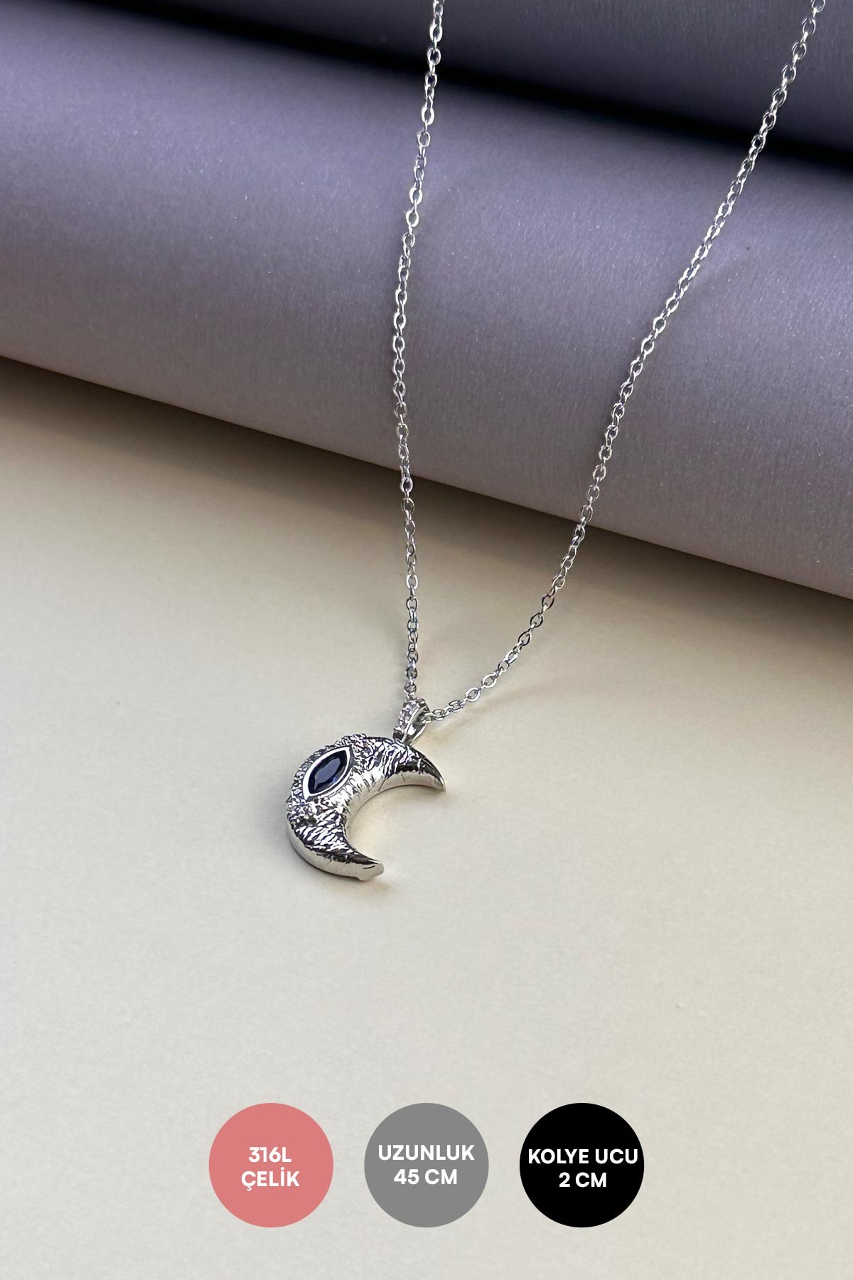 Silver Minimal Zincir Siyah Taş Detay Ay Figürü Sallantılı Çelik Kolye 45 cm AKL4087