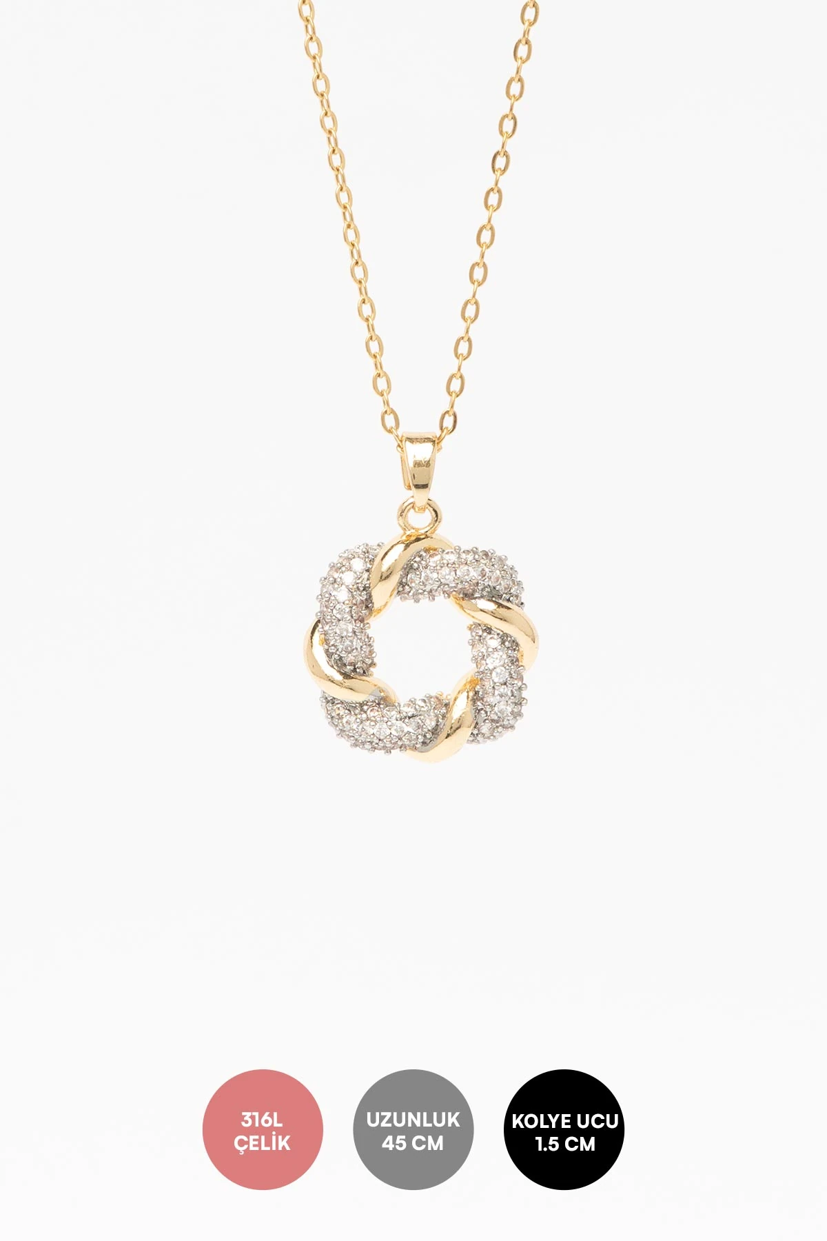 Gold Zirkon Detay Sarmal Çember Sallantılı 45cm Çelik Kolye AKL4348