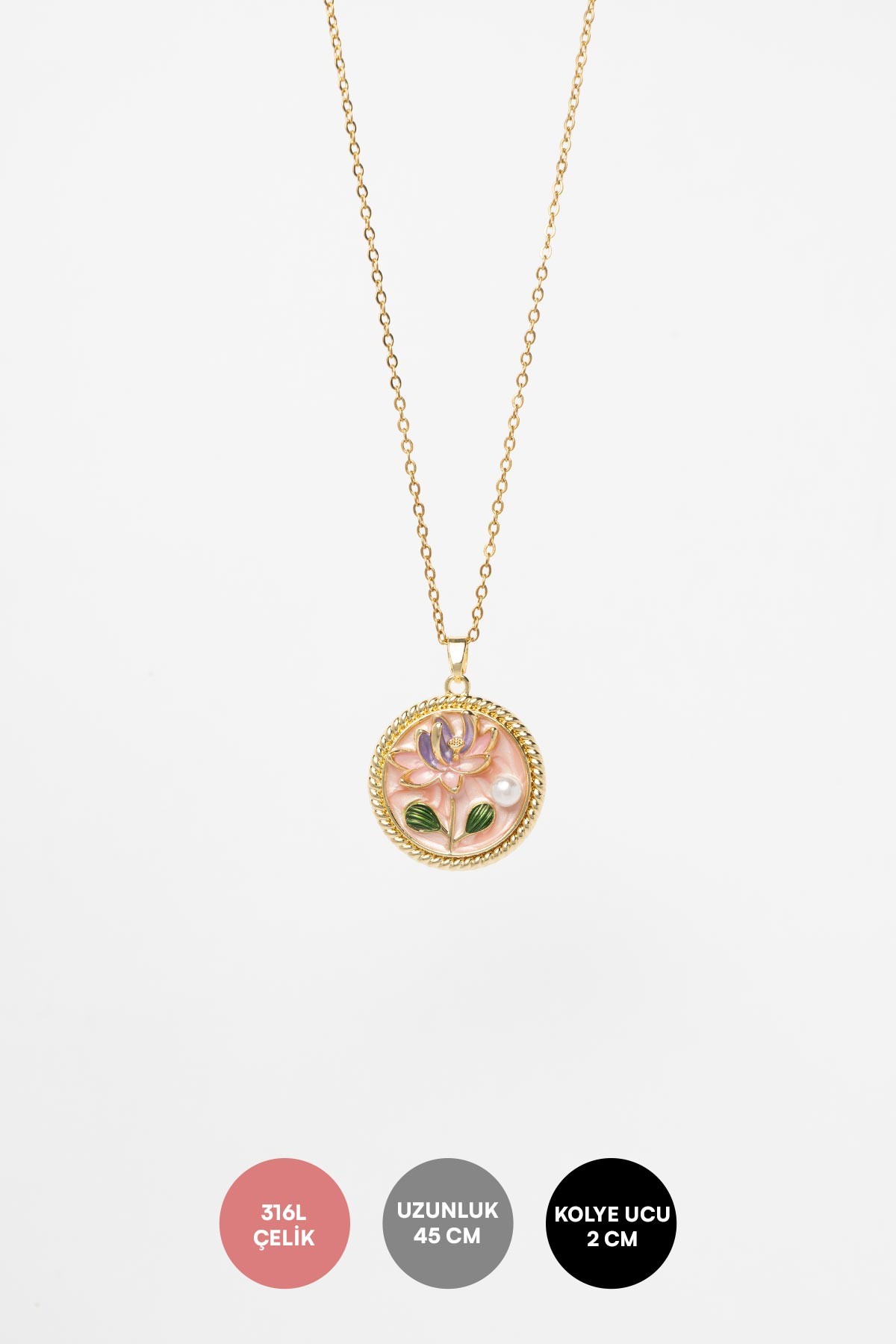 Gold Minimal Zincir Pembe Mineli İnci Detay Çiçek Figürlü Yuvarlak Desenli Çerçeve Tasarım Madalyon Çelik Kolye AKL4039