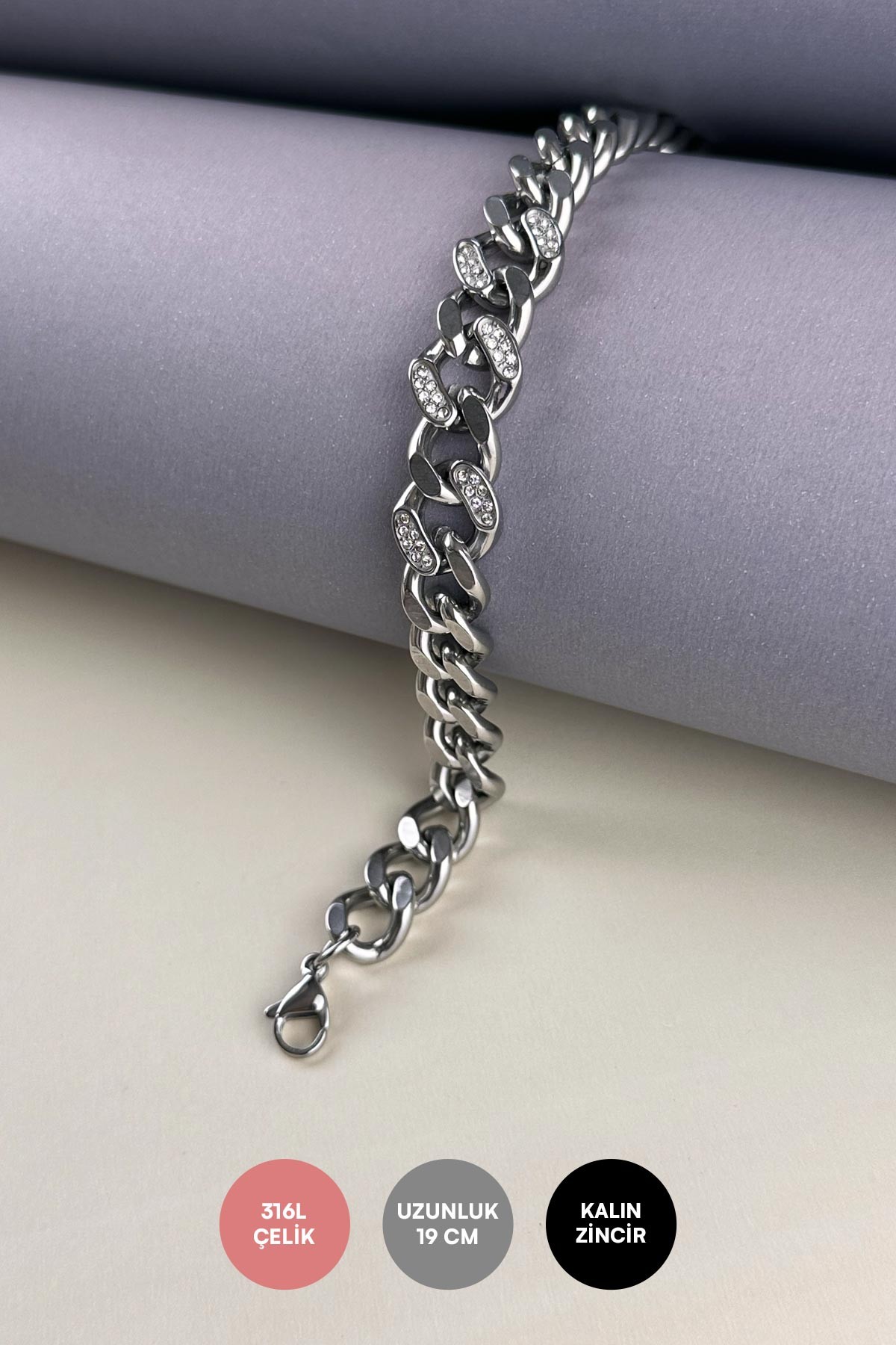 Silver Zirkon Detay Kalın Casual Zincir Çelik Bileklik ABL7210