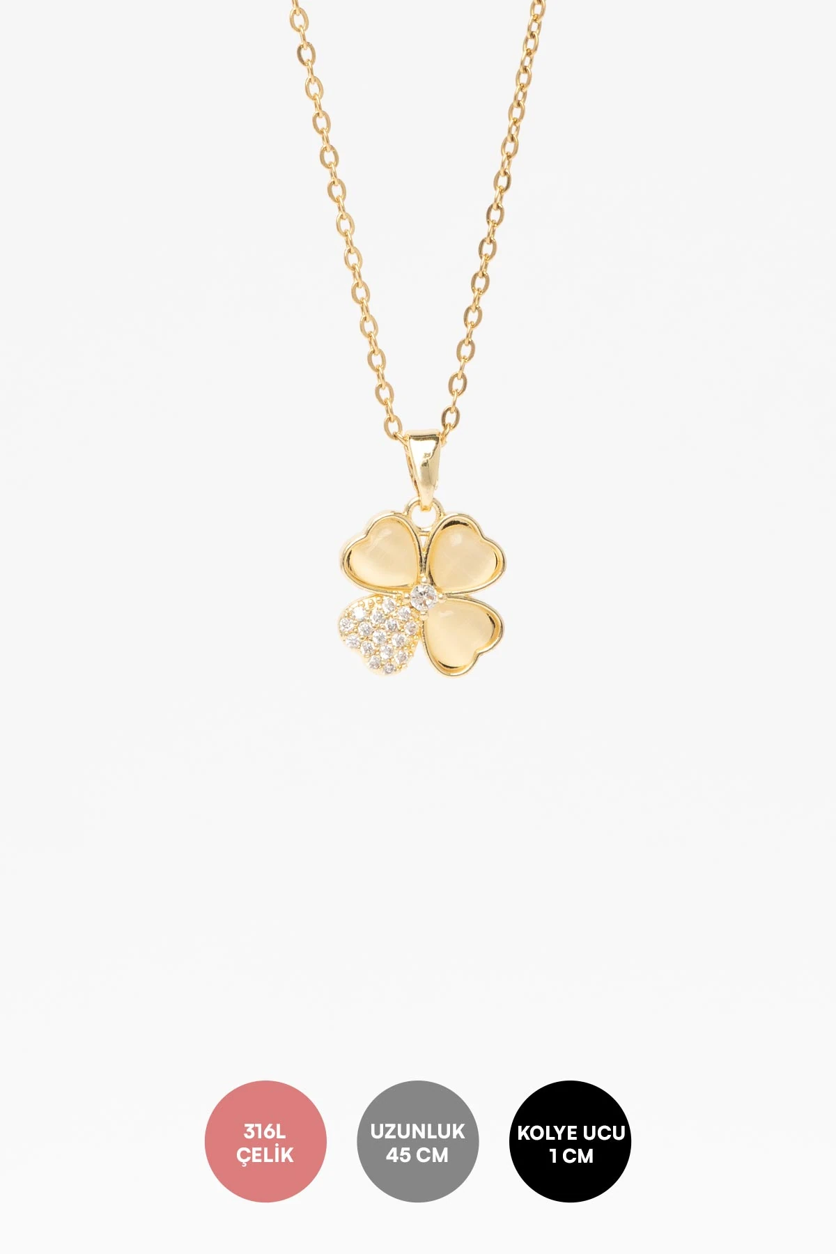 Gold Zirkon Detay Sedefli Minimal Dört Yaprak Yonca Sallantılı 45cm Çelik Kolye AKL4314