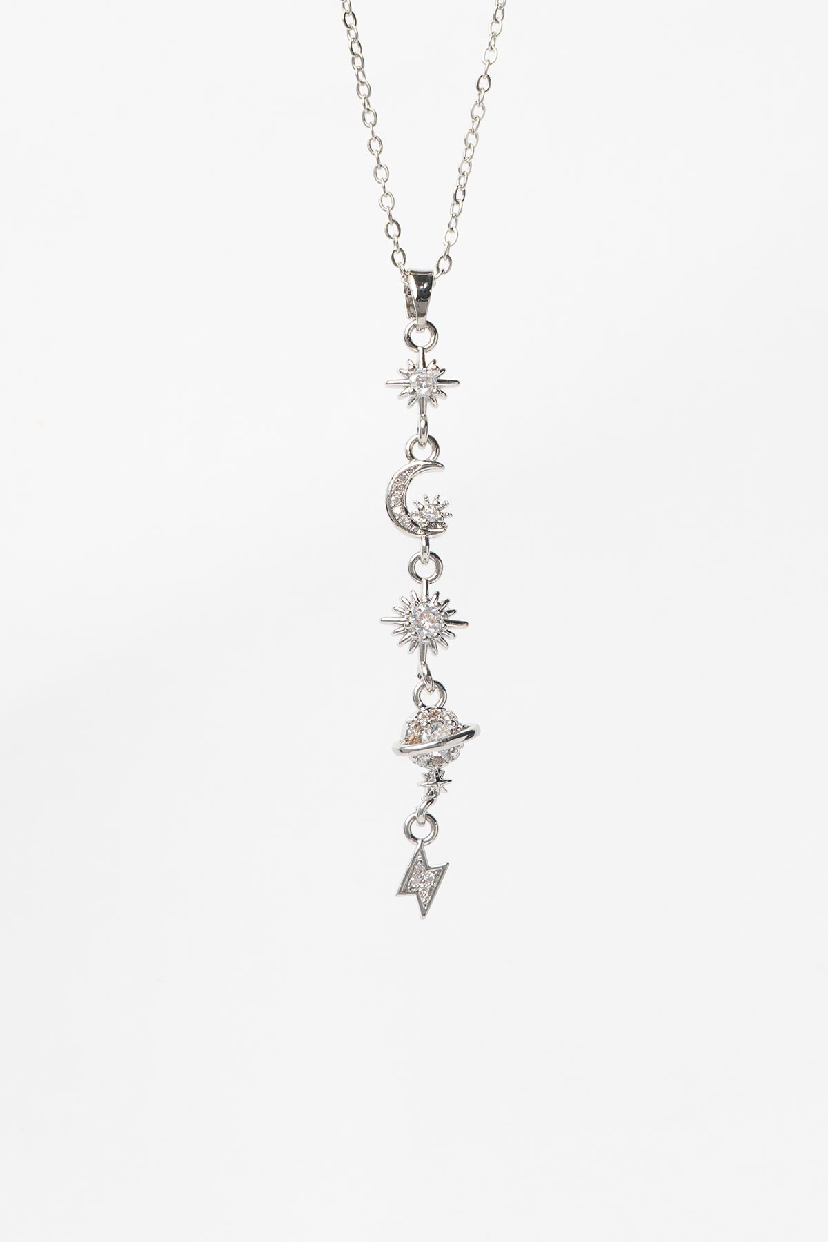 Silver Minimal Zincir Zirkon Detaylı Ay Kuzey Yıldızı Ve Gezegen Sallantılı 45cm Çelik Kolye AKL4146