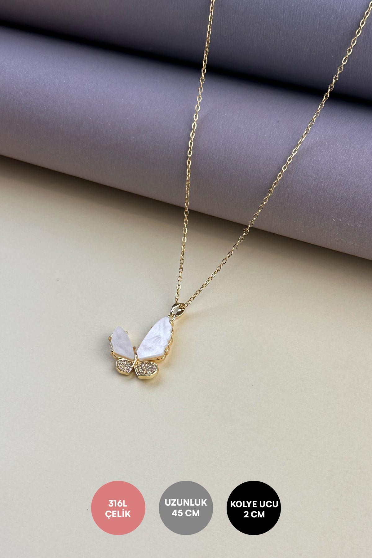 Gold Minimal Zincir Sedef Ve Zirkon Kanatlı Büyük Kelebek Sallantılı Çelik Kolye 45 cm AKL4075