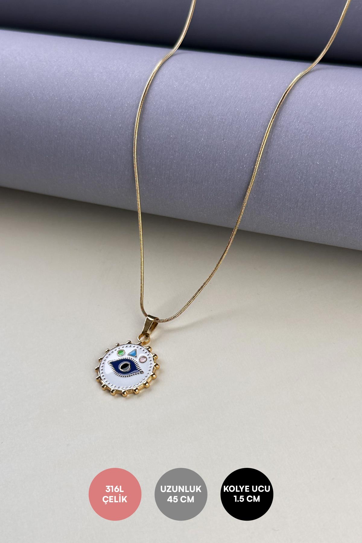 Gold Boru Zincir Tasarım Beyaz Minelii Daire İçerisinde Renkli Göz Ve Şekiller Çelik Kolye 45 cm AKL3849