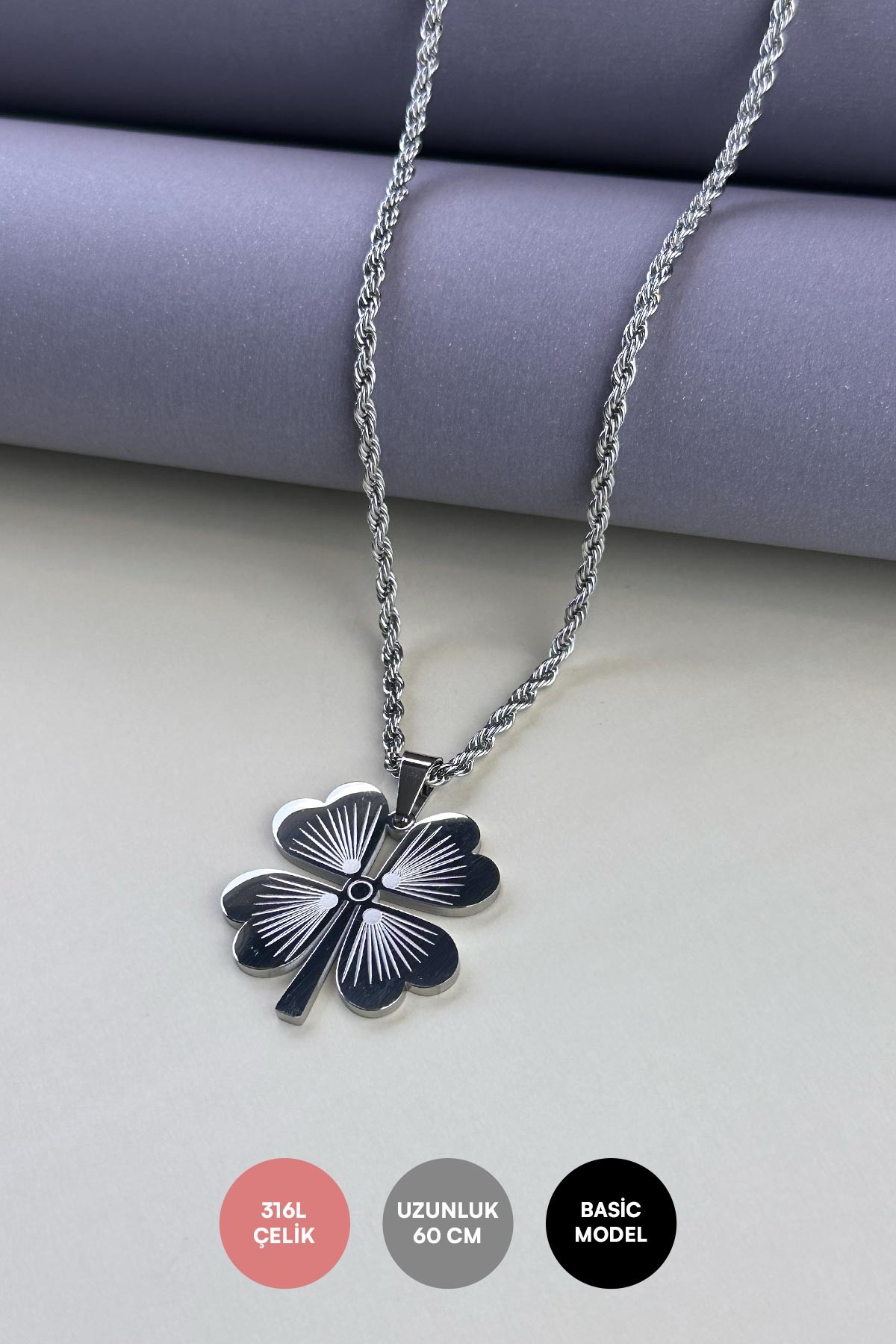 Silver Burgu Zincir Büyük Yonca Çelik Kolye 60 Cm AKL1279