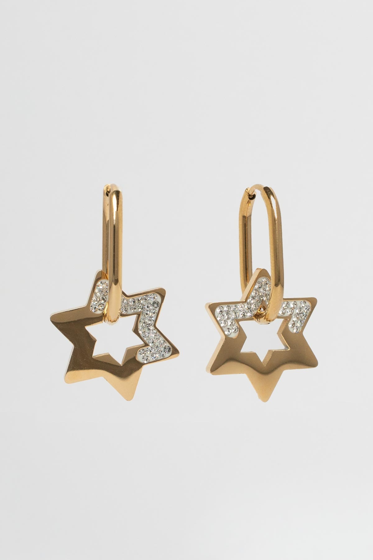 Gold Halka İçinde Sallantılı Zirkon Taş Detay Yıldız Çelik Küpe AKE9230