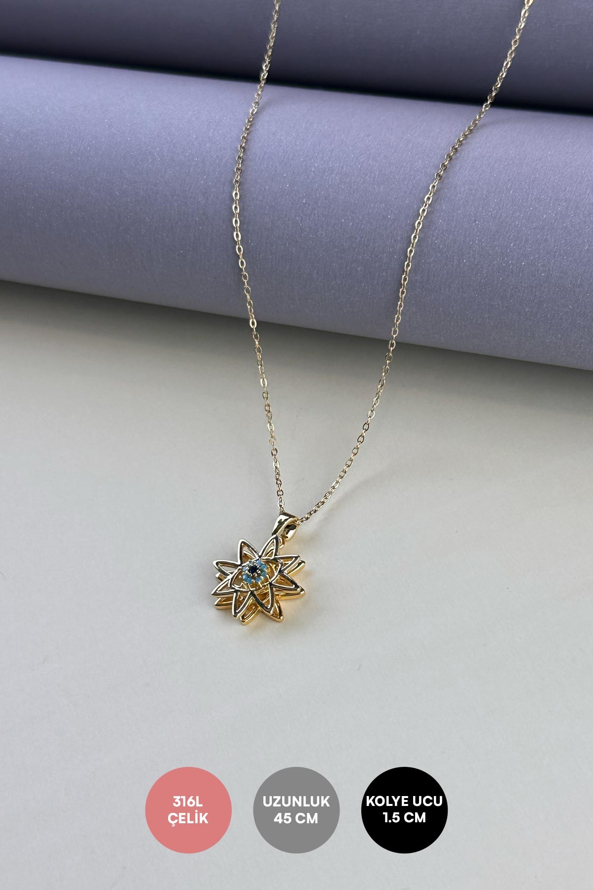Gold Minimal Zincir Renkli Mineli Göz Detay Yıldız Çelik Kolye 45 cm AKL3852